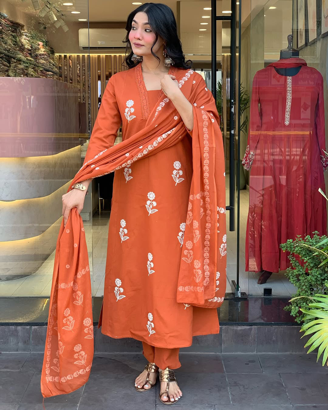 Orange Embroidered Kurti Pant Dupatta Set for Women
