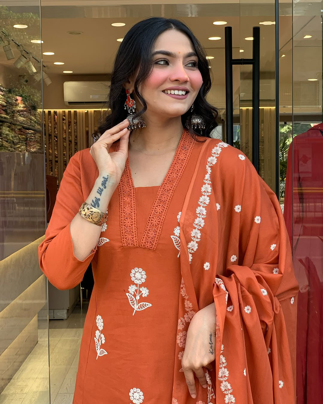 Orange Embroidered Kurti Pant Dupatta Set for Women
