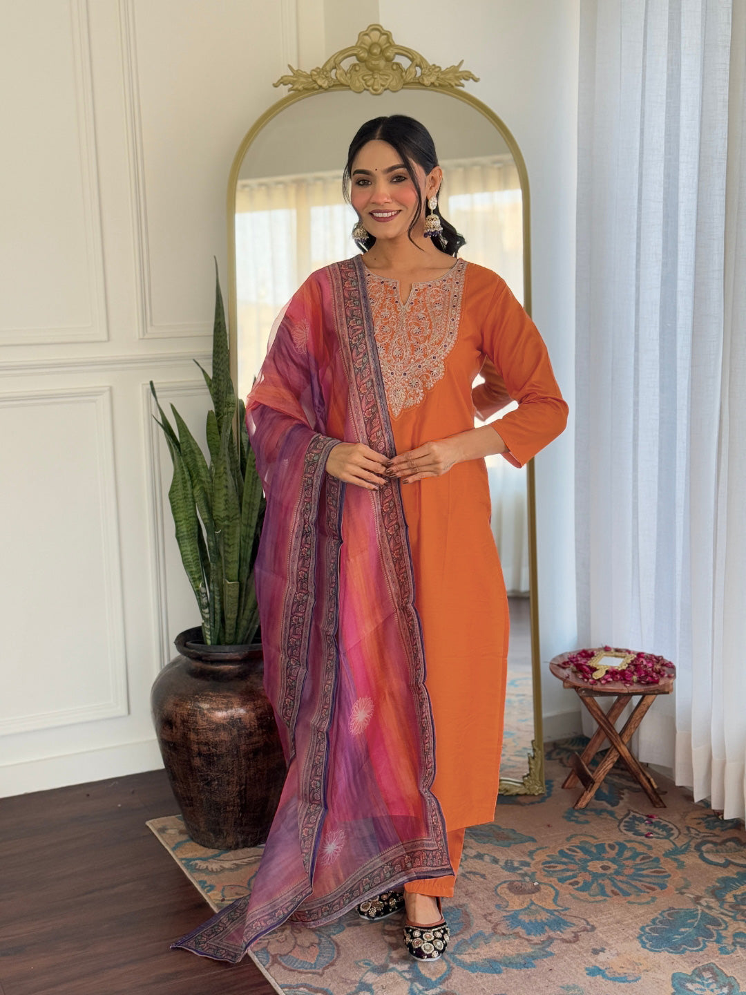 Orange Embroidered Rayon Kurta Set with Designer Dupatta for Women
