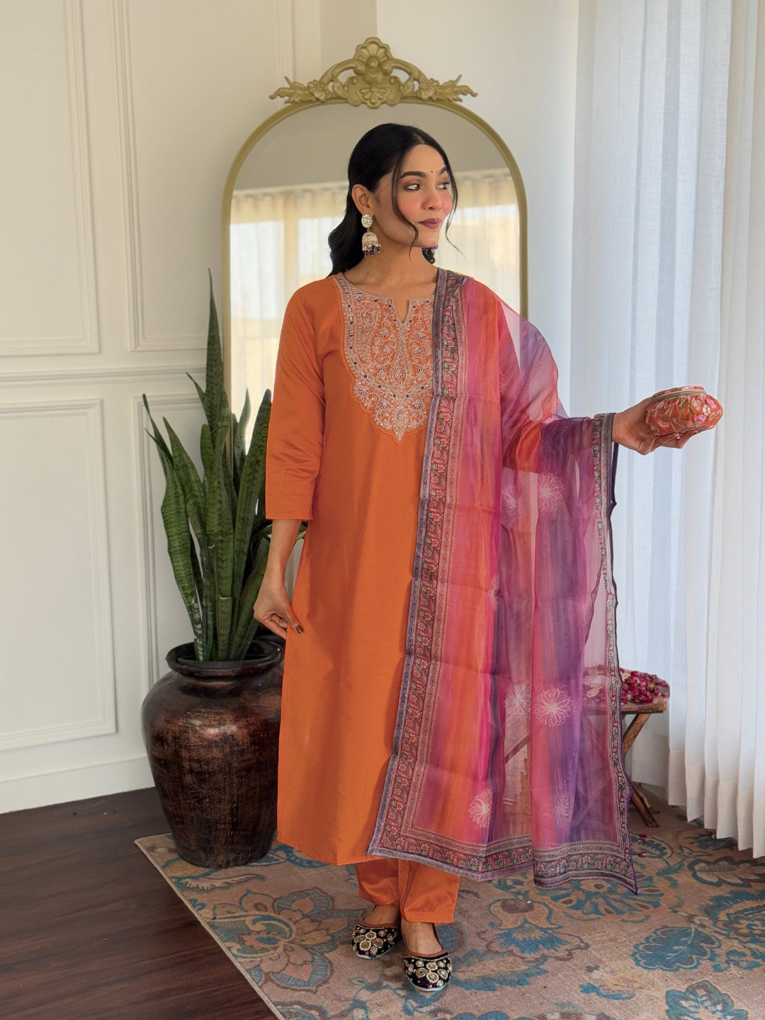 Orange Embroidered Rayon Kurta Set with Designer Dupatta for Women
