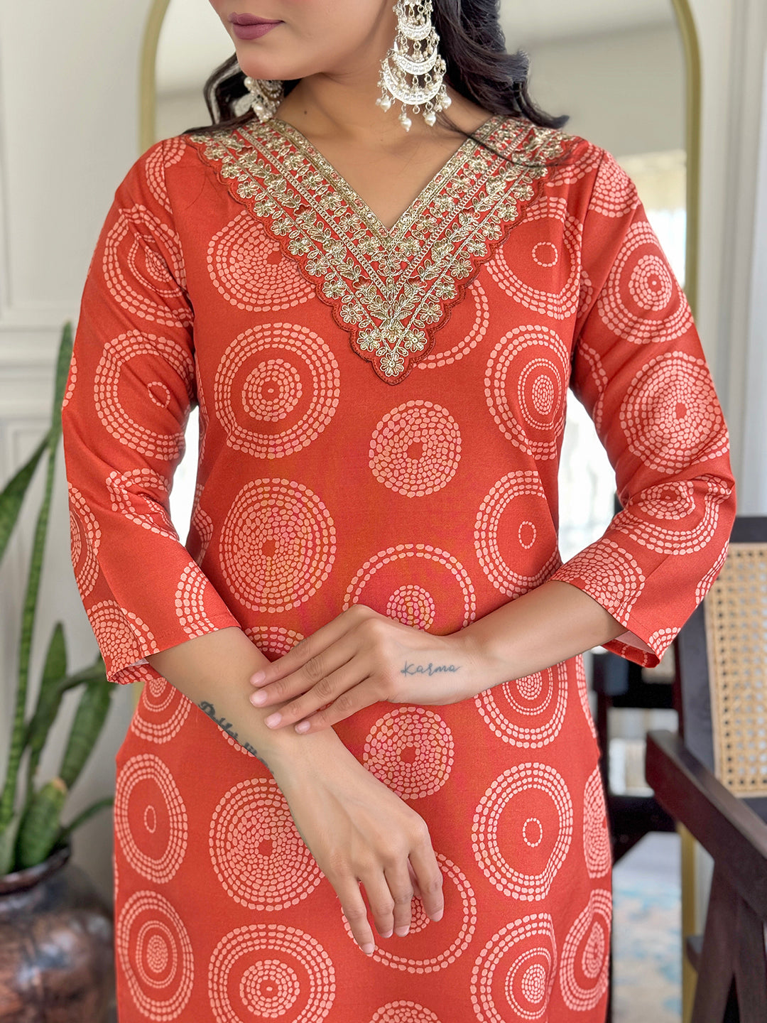 Rust Orange Embroidered Rayon Kurti Pant Dupatta for Women