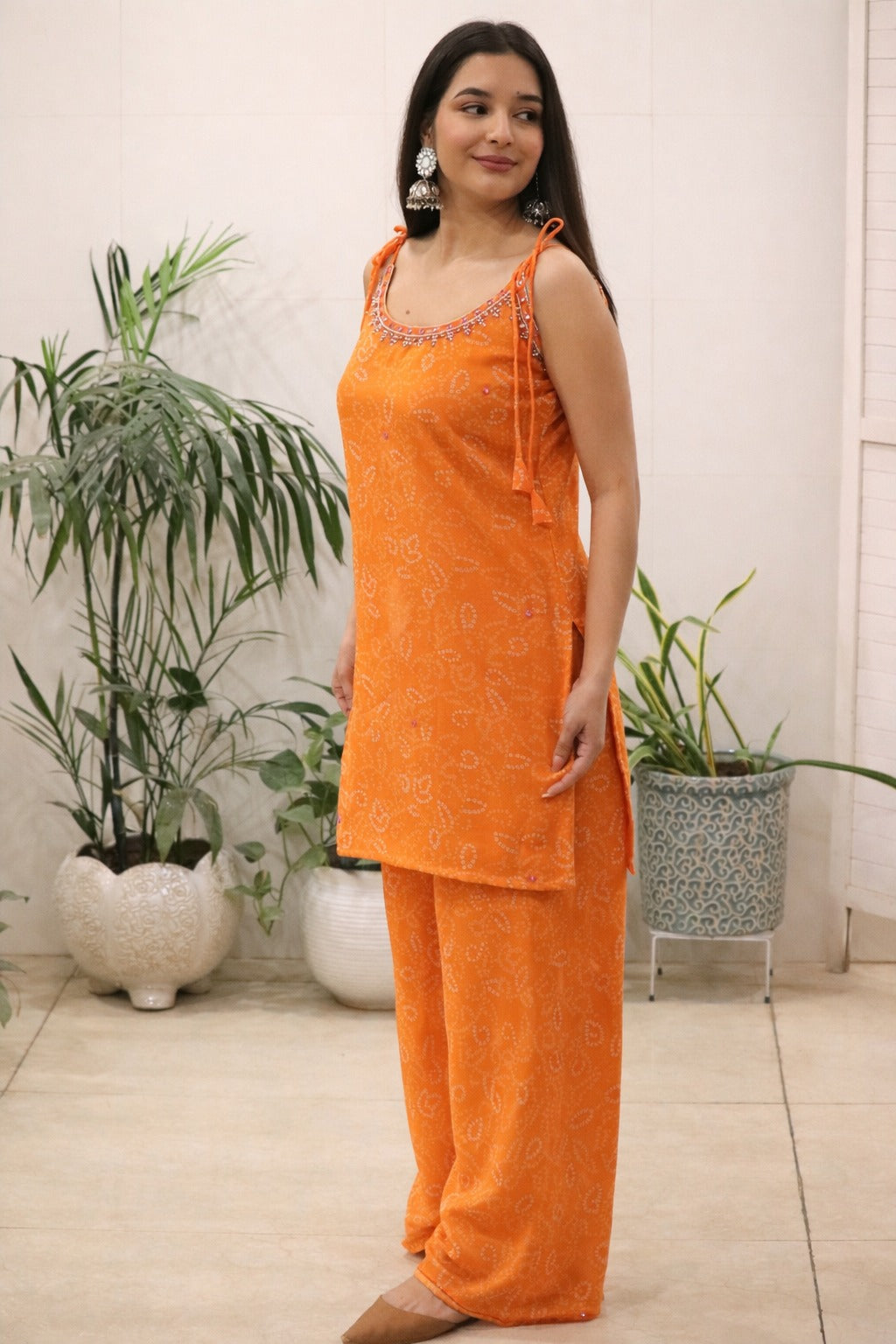 Orange Georgette Kurti Set with Mirror Work Detailing for Women