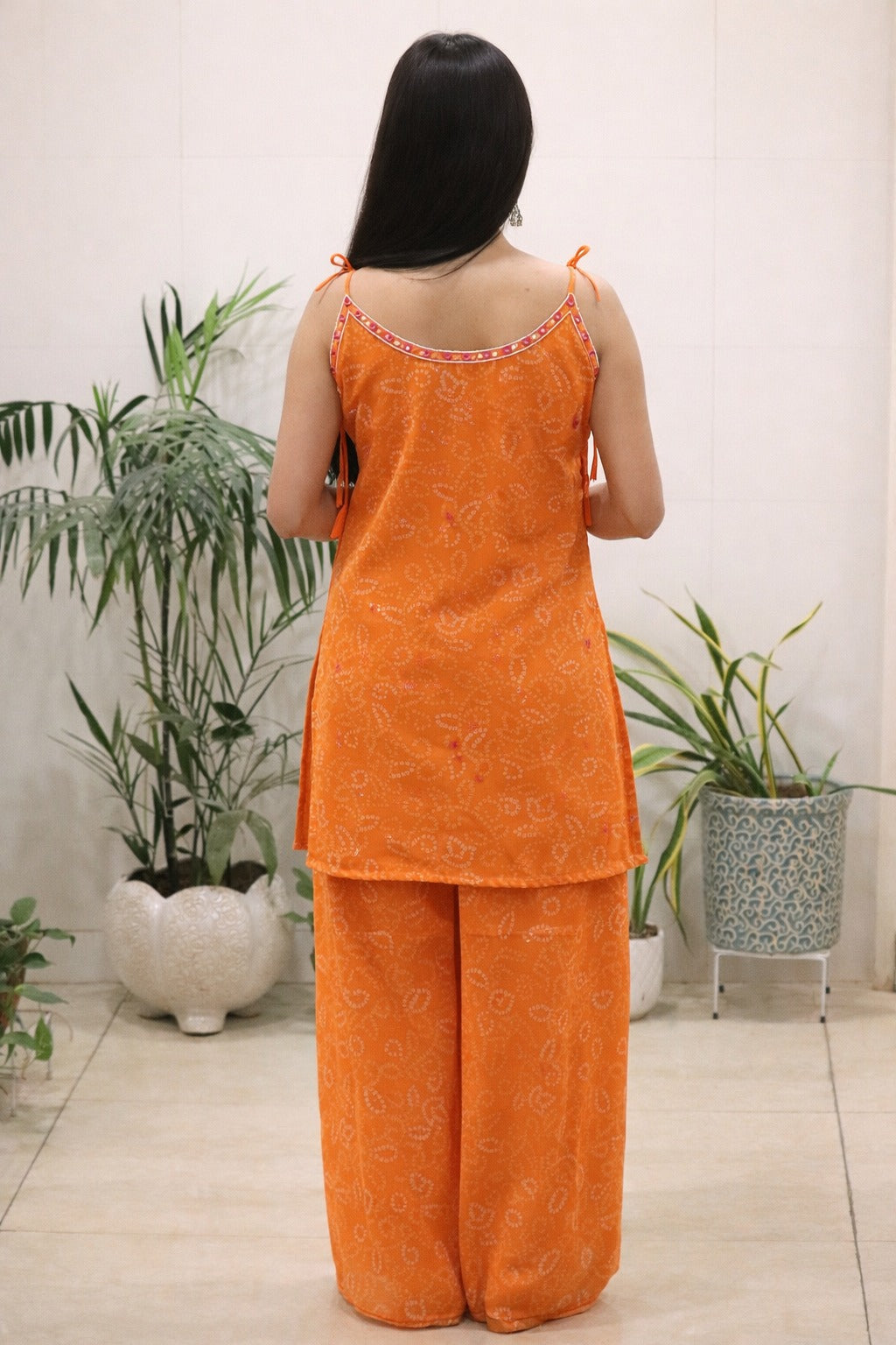 Orange Georgette Kurti Set with Mirror Work Detailing for Women