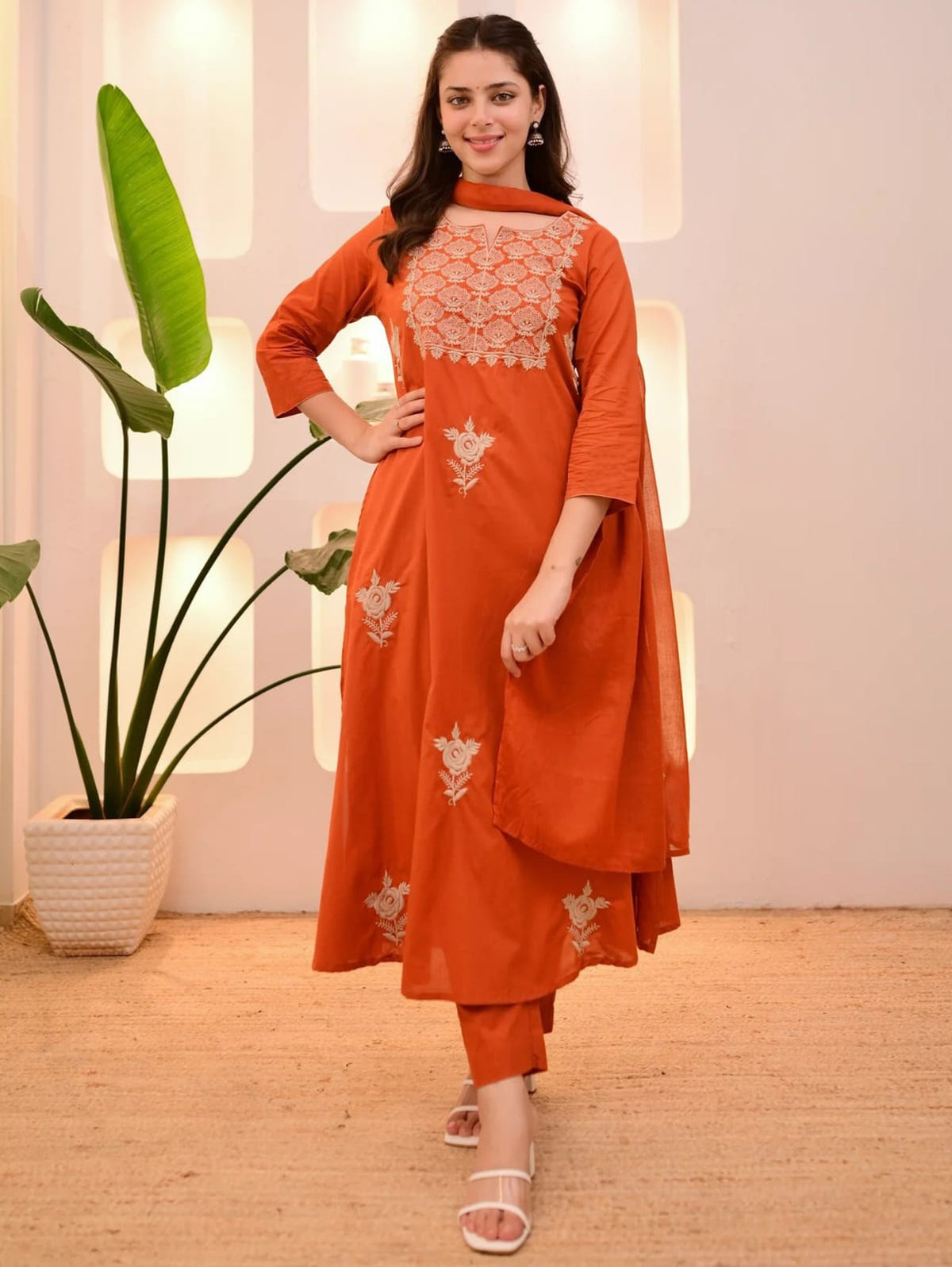 Orange Straight Kurta with Embroidered Dupatta for Women