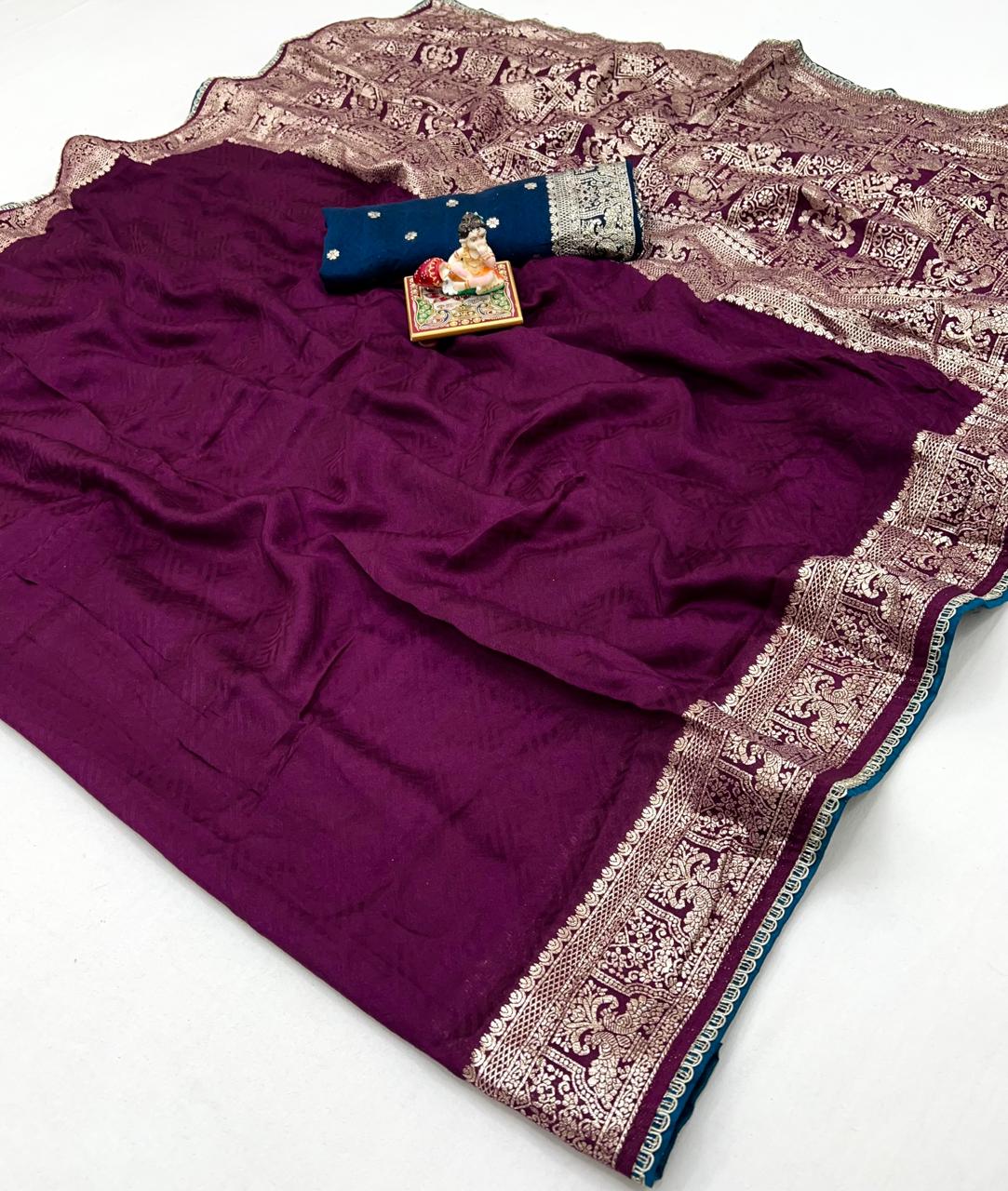Party Wear Wine Maslin Silk Saree With Zari Work for Women