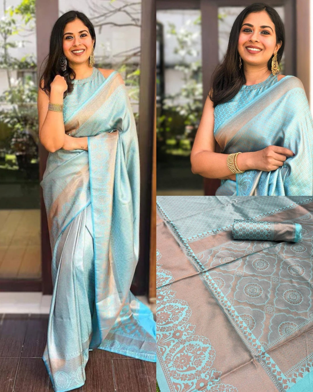 Pastel Aqua Lichi Silk Saree with Rich Jacquard Border for Women