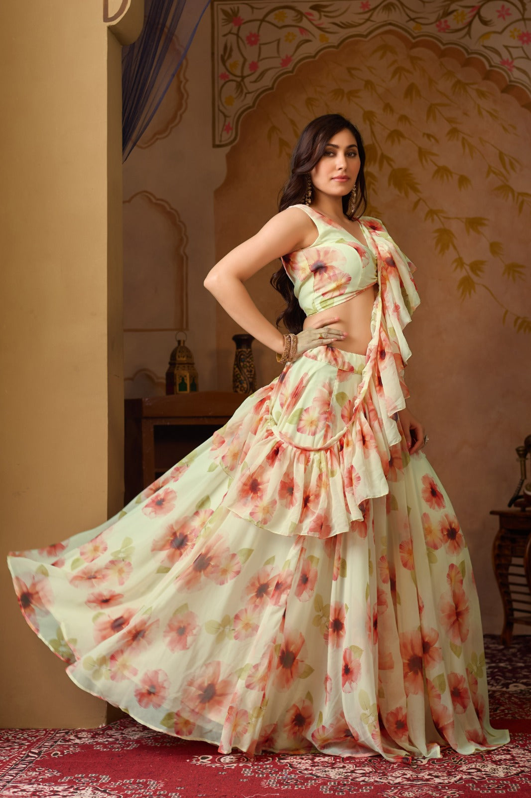 Pastel Floral Georgette Lehenga Set with Ruffle Blouse for Women