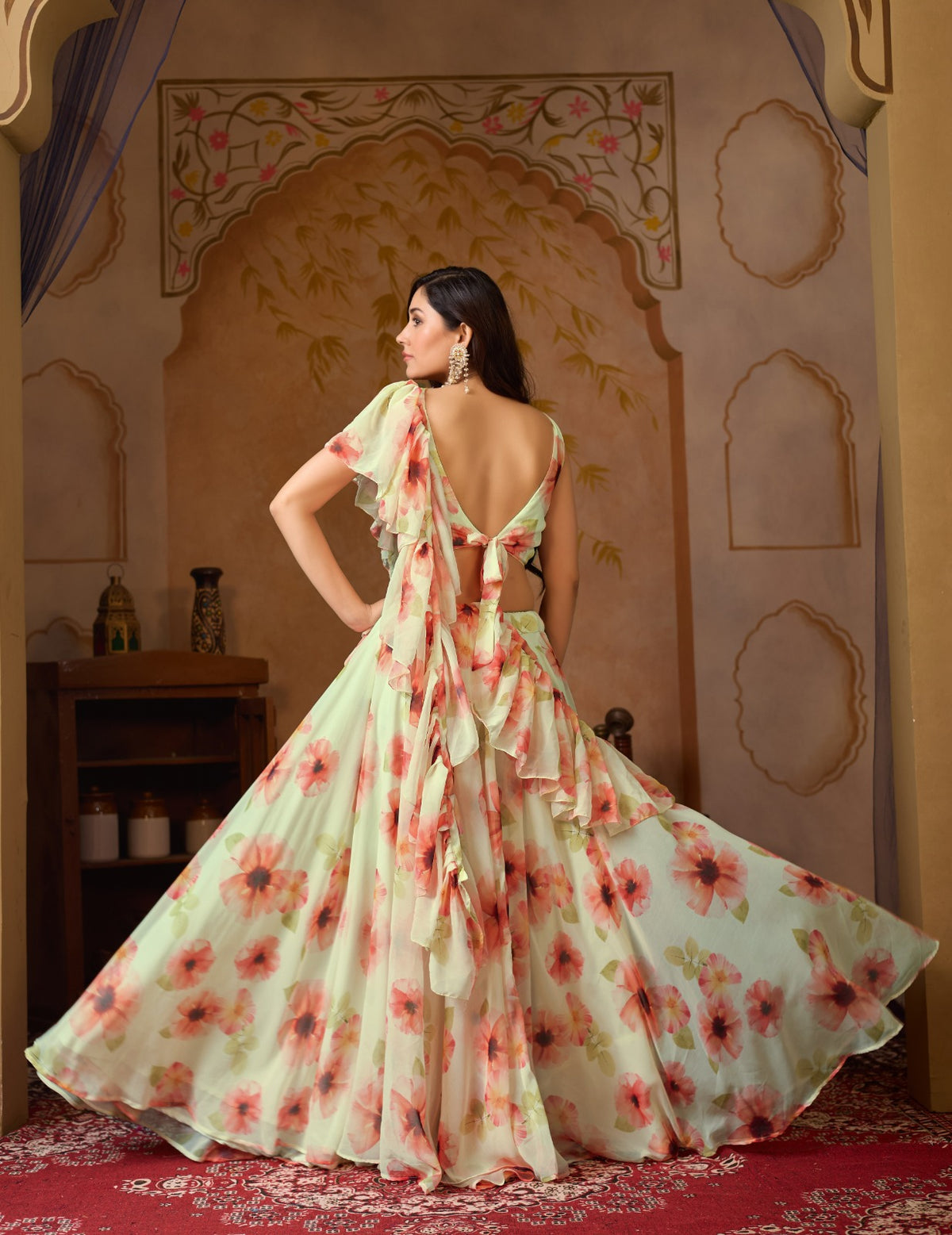Pastel Floral Georgette Lehenga Set with Ruffle Blouse for Women