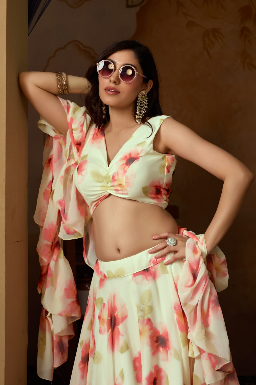 Pastel Floral Georgette Lehenga Set with Ruffle Blouse for Women