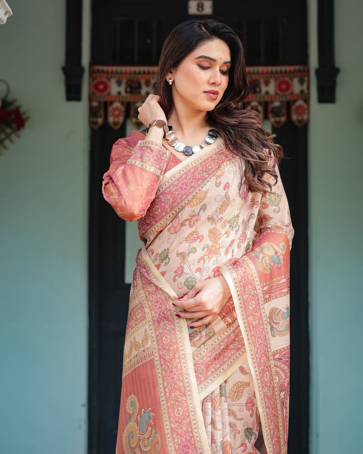 Peach Beige Floral Handloom Saree with Ethnic Border for Women