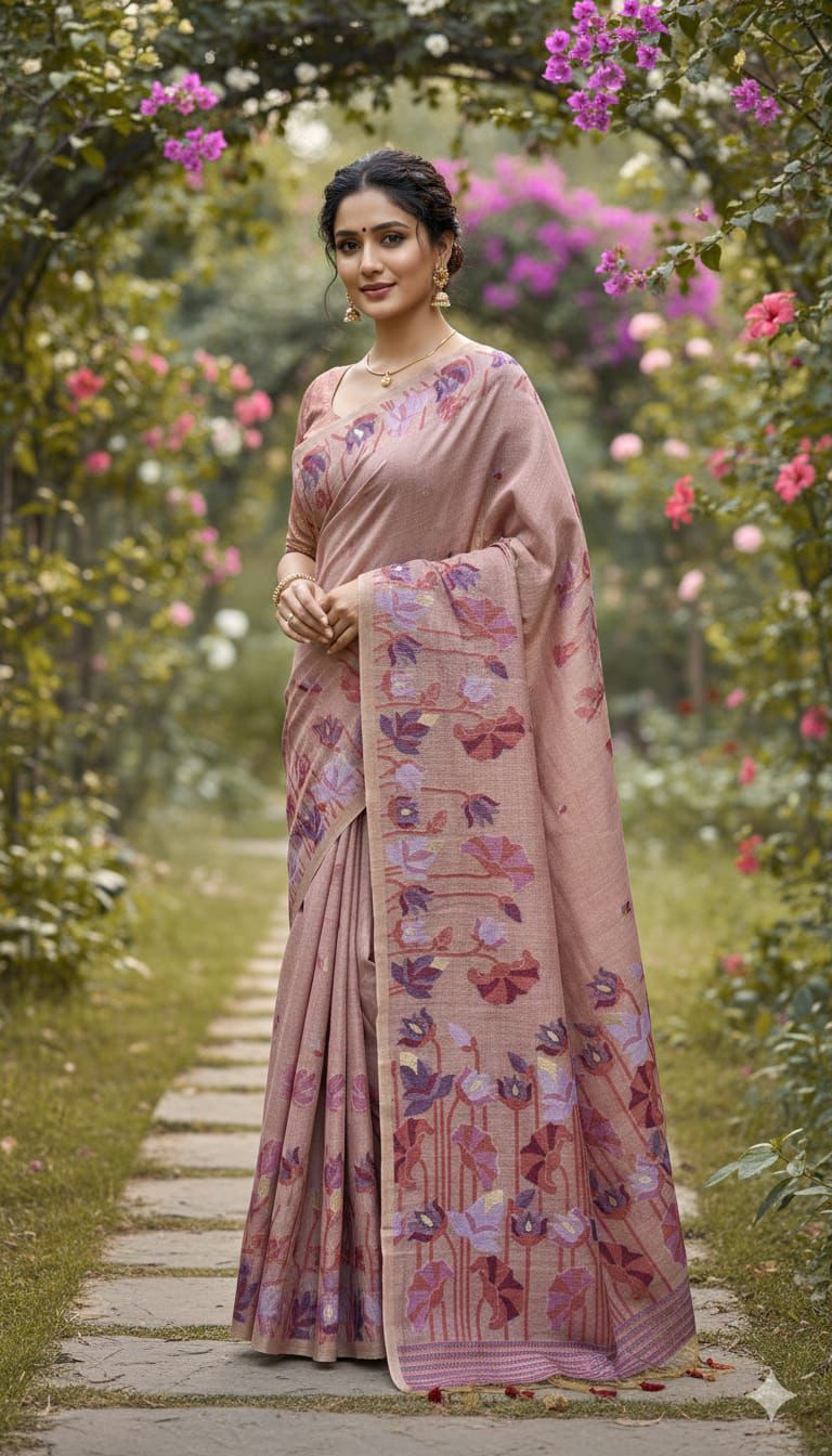Blush Peach Muga Cotton Saree with Jamdani Lotus Pallu for Women