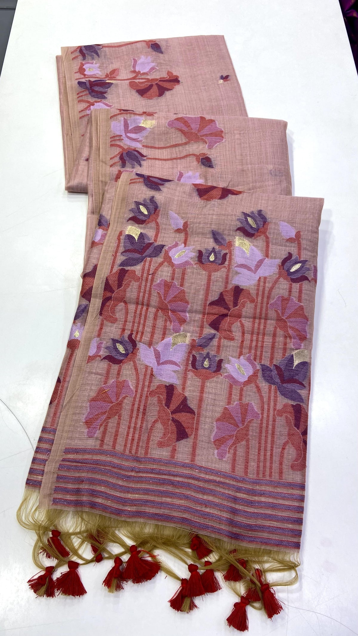 Blush Peach Muga Cotton Saree with Jamdani Lotus Pallu for Women