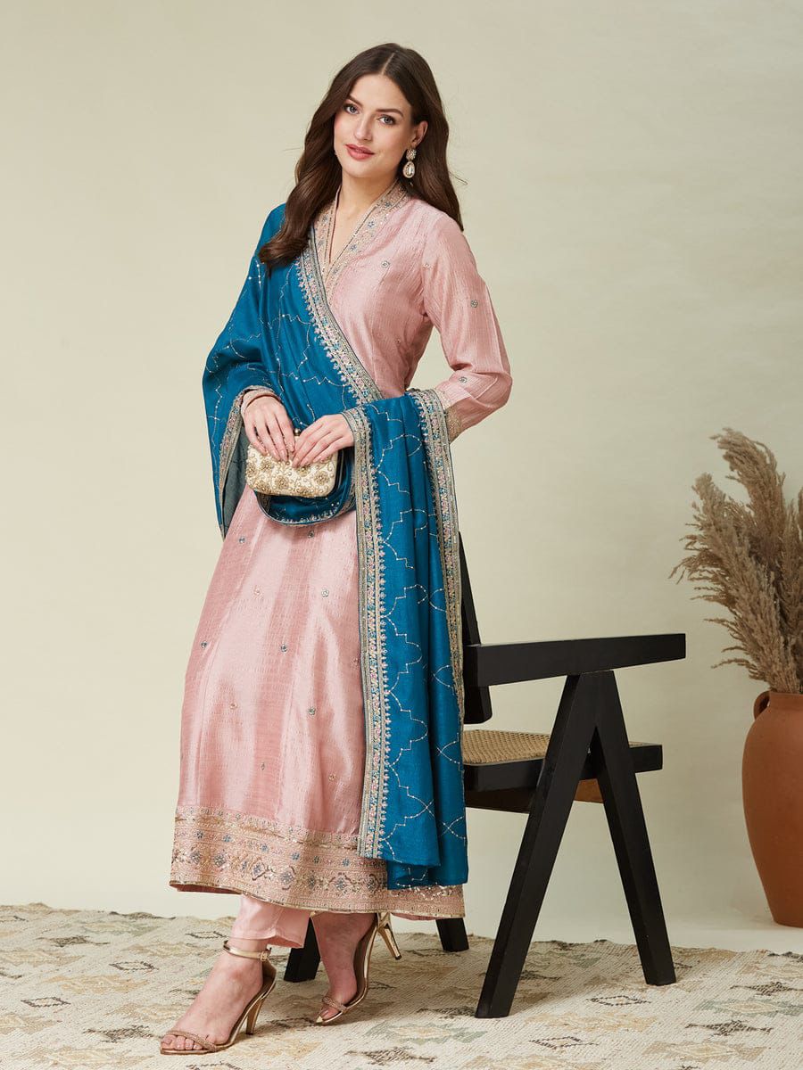 Peach Embroidered Silk Anarkali Set with Teal Dupatta for Women