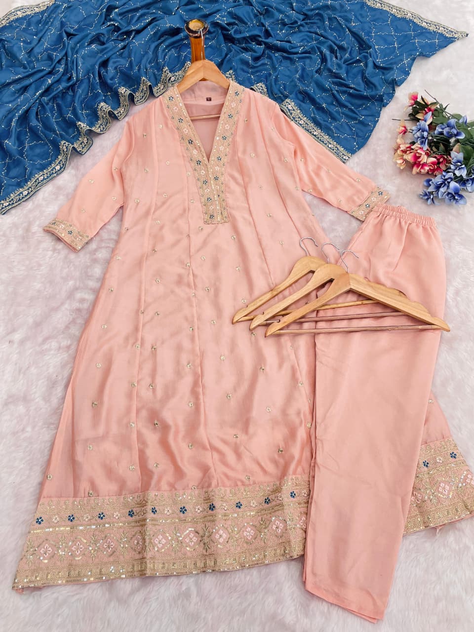 Peach Embroidered Silk Anarkali Set with Teal Dupatta for Women