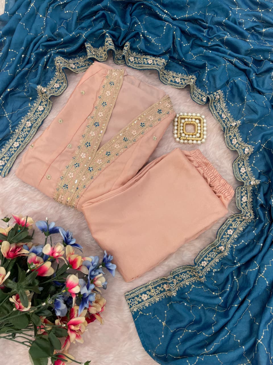 Peach Embroidered Silk Anarkali Set with Teal Dupatta for Women