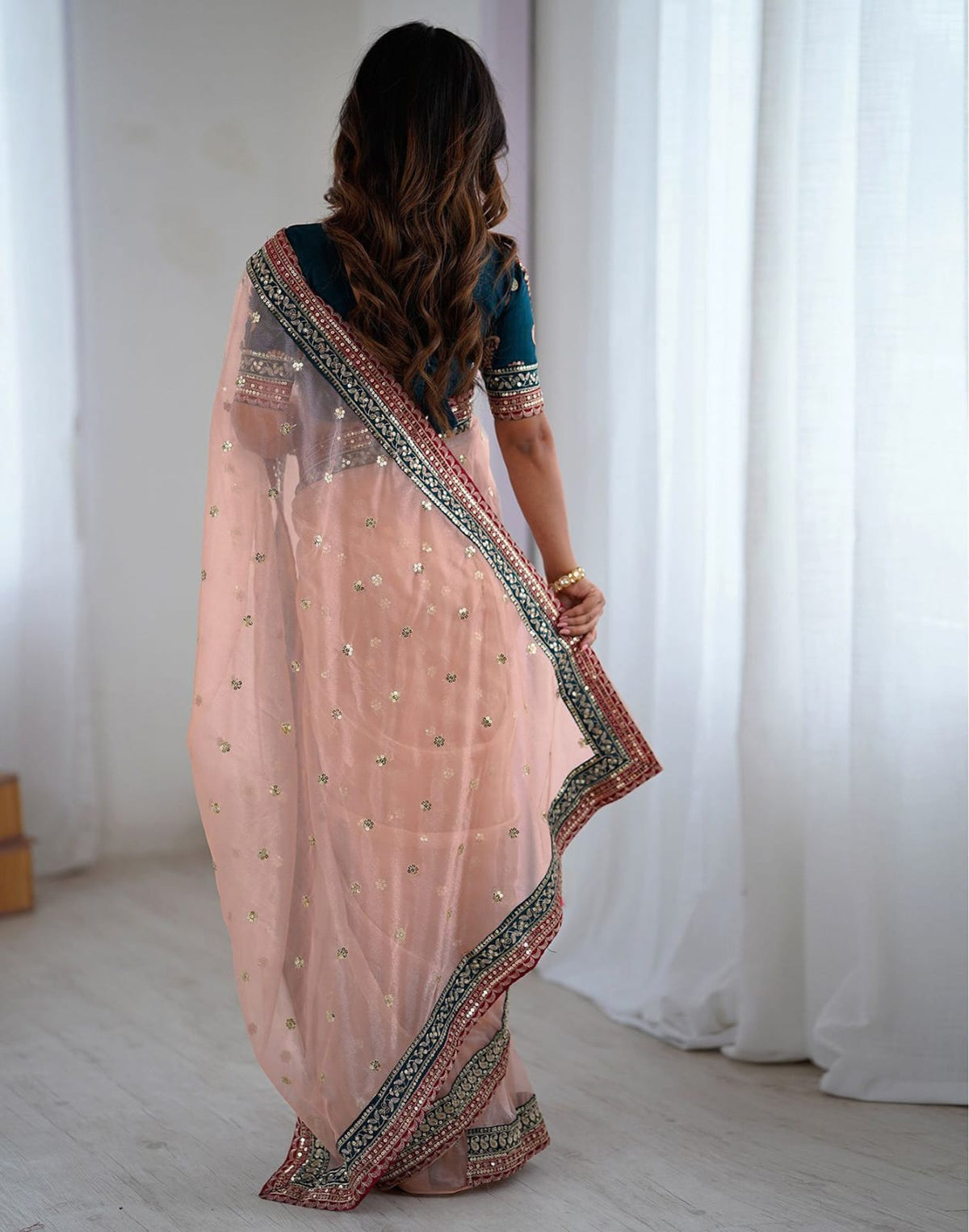 Peach Embroidered Net Party Wear Saree with Blouse for Women