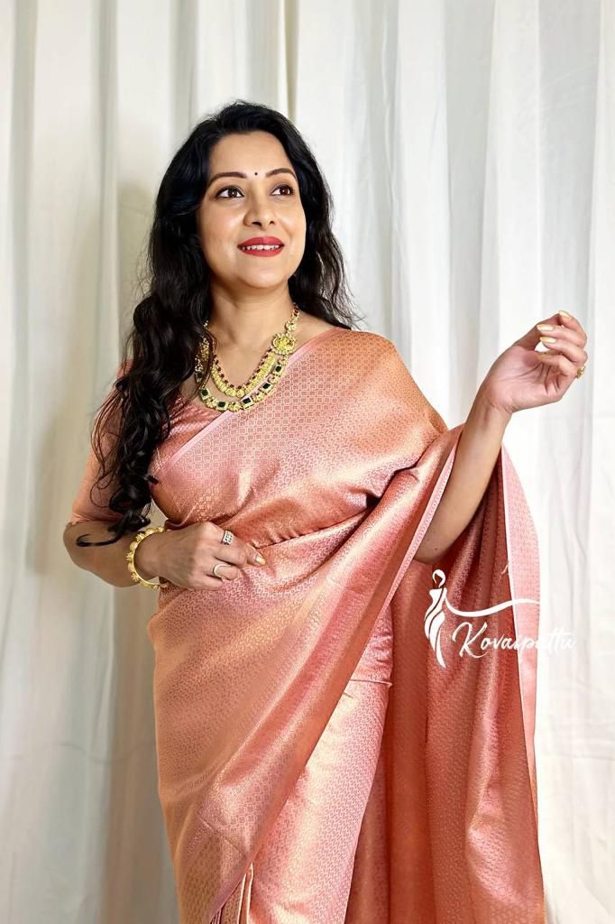 Peach Lichi Silk Saree with Rich Pallu & Jacquard Work for Women