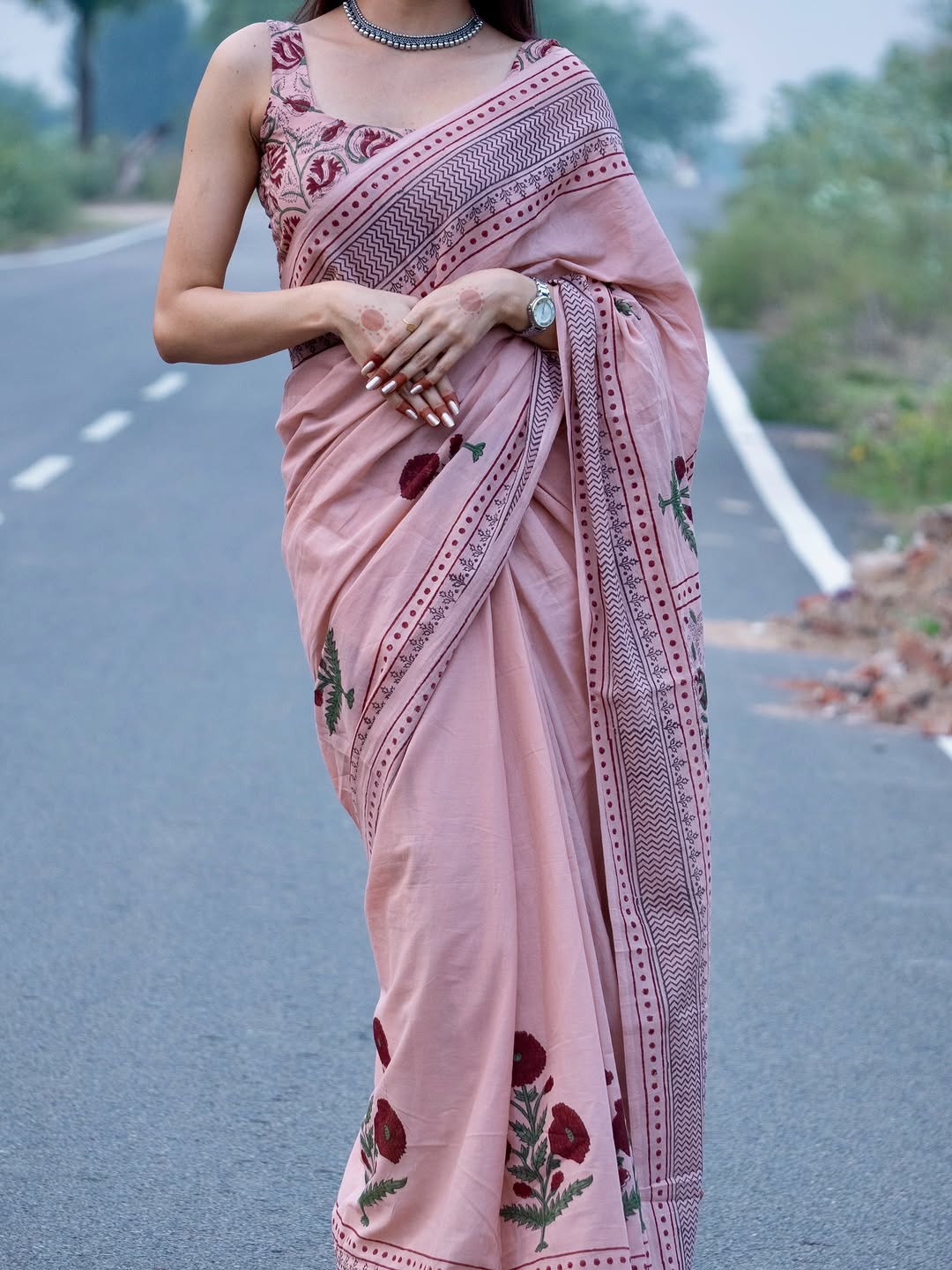 Peach Linen Cotton Printed Saree for Women