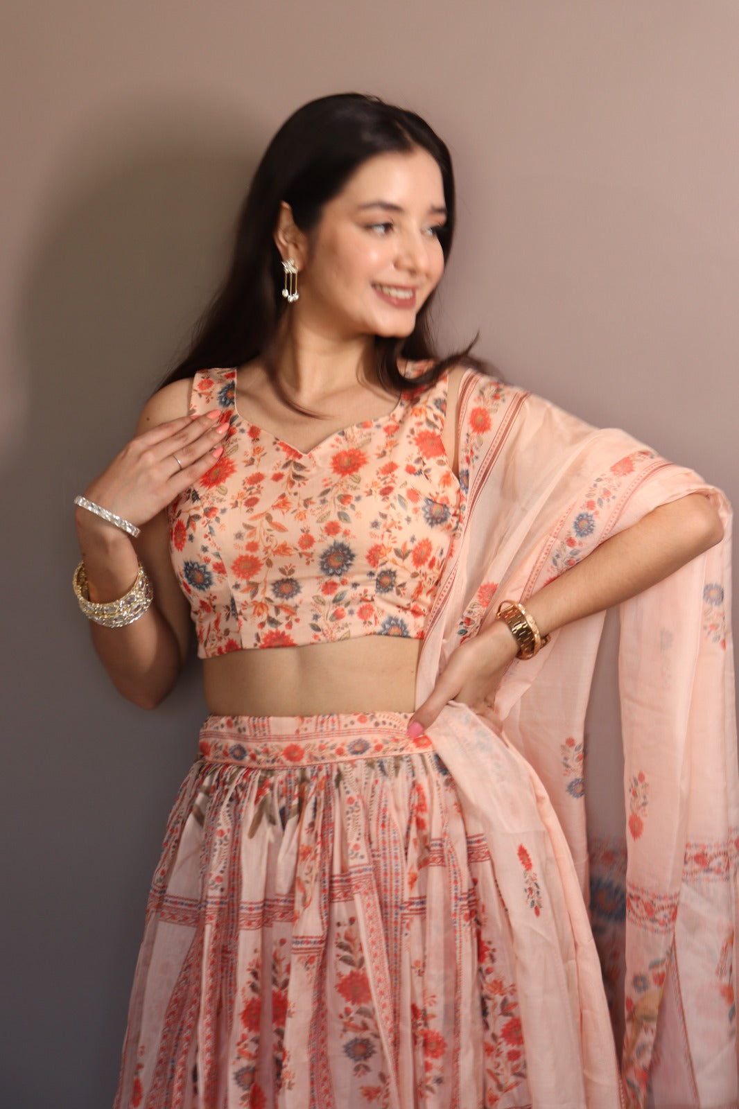 Peach Floral Organza Lehenga Set with Printed Dupatta for Women