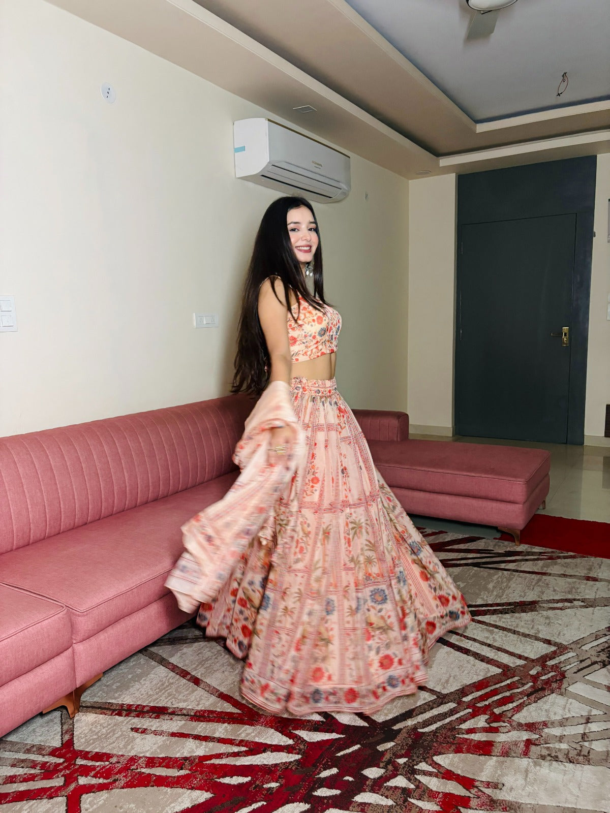 Peach Floral Organza Lehenga Set with Printed Dupatta for Women