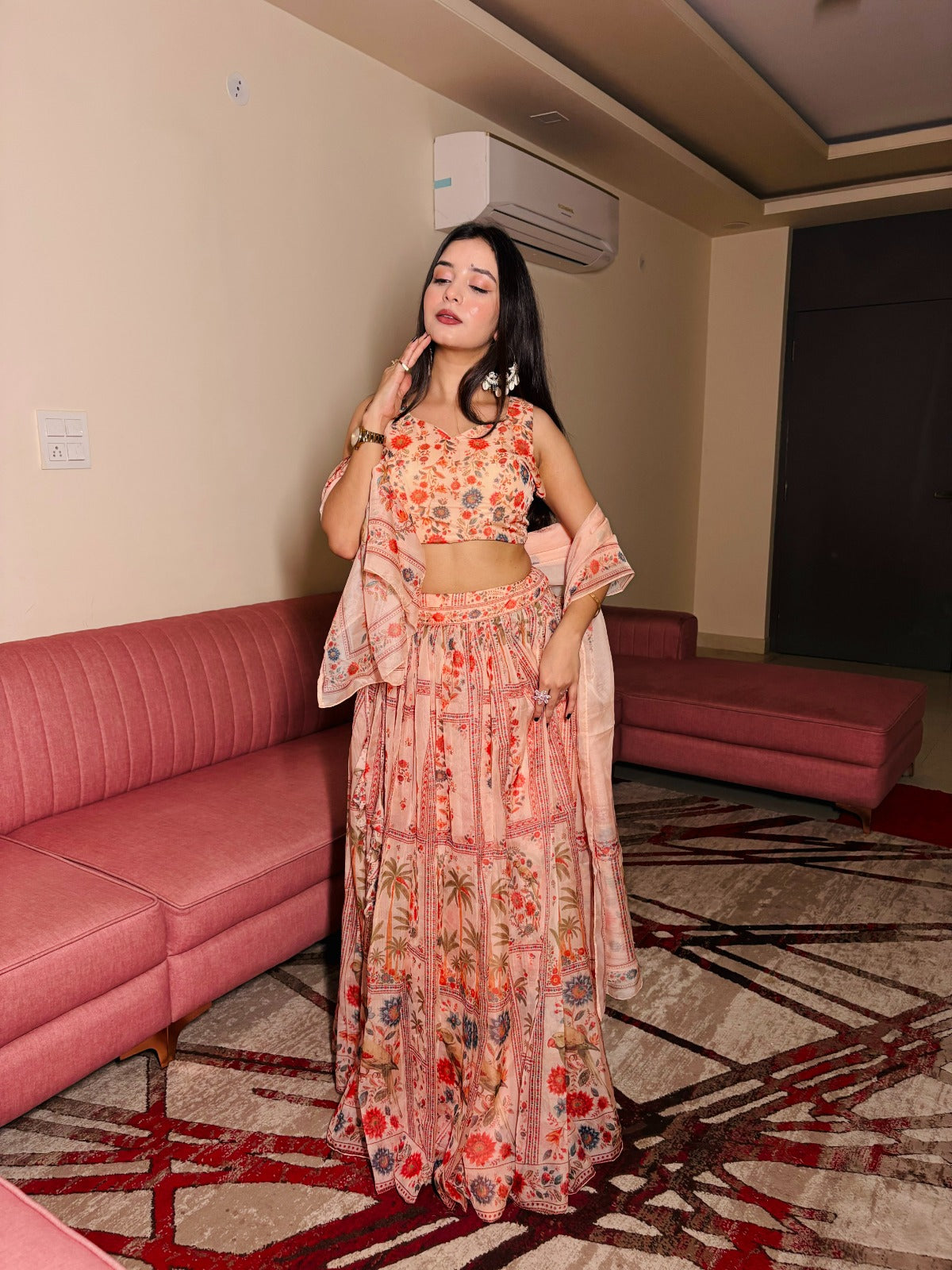 Peach Floral Organza Lehenga Set with Printed Dupatta for Women