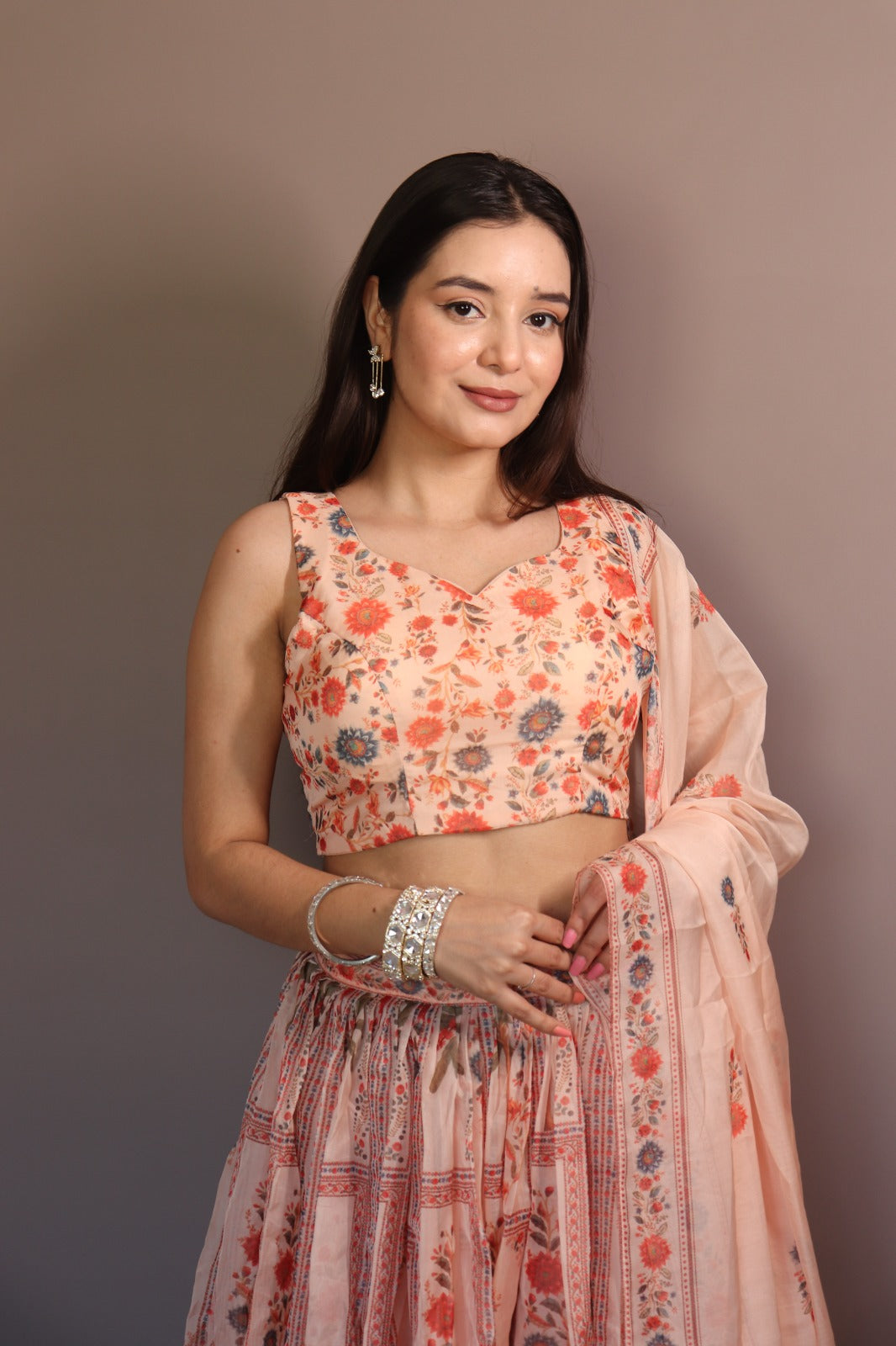 Peach Floral Organza Lehenga Set with Printed Dupatta for Women