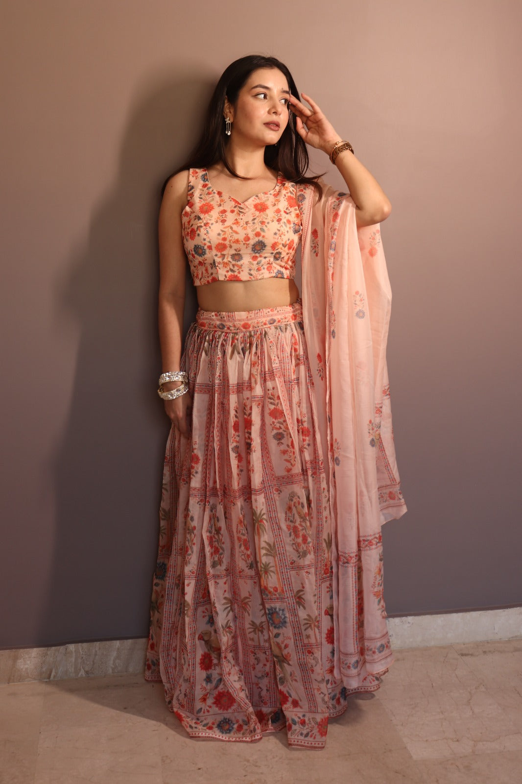 Peach Floral Organza Lehenga Set with Printed Dupatta for Women