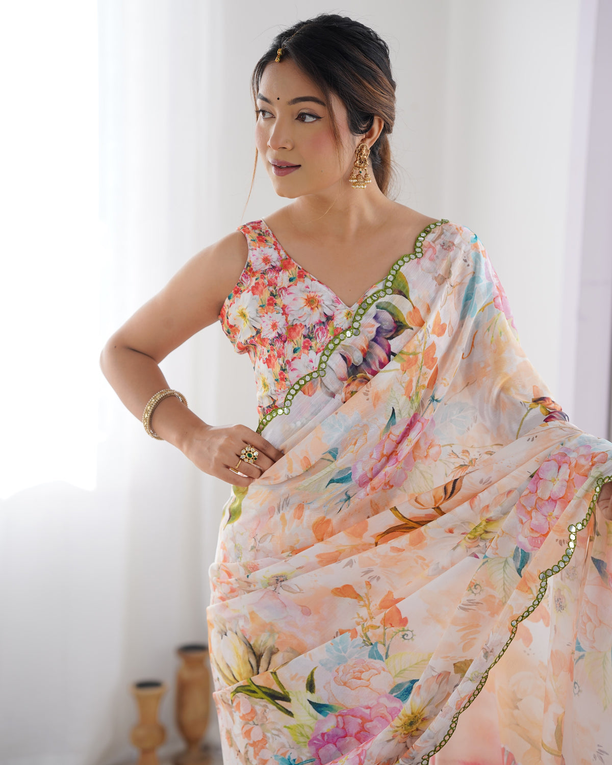 Peach Party Wear Chinon Saree with Mirror Work Border for Women