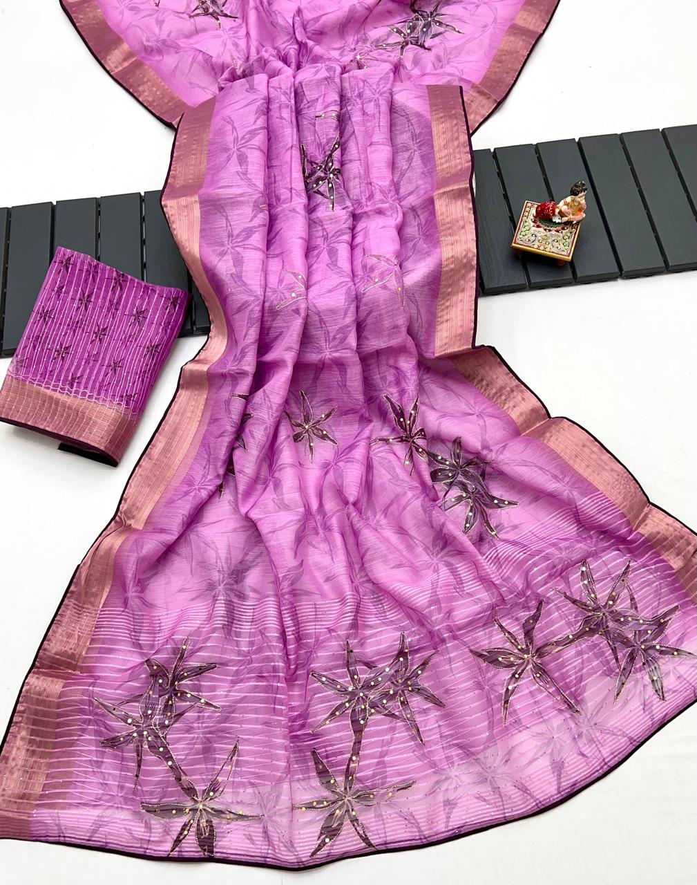 Pink Celestial Bloom Organza Cotton Silk Saree for Women