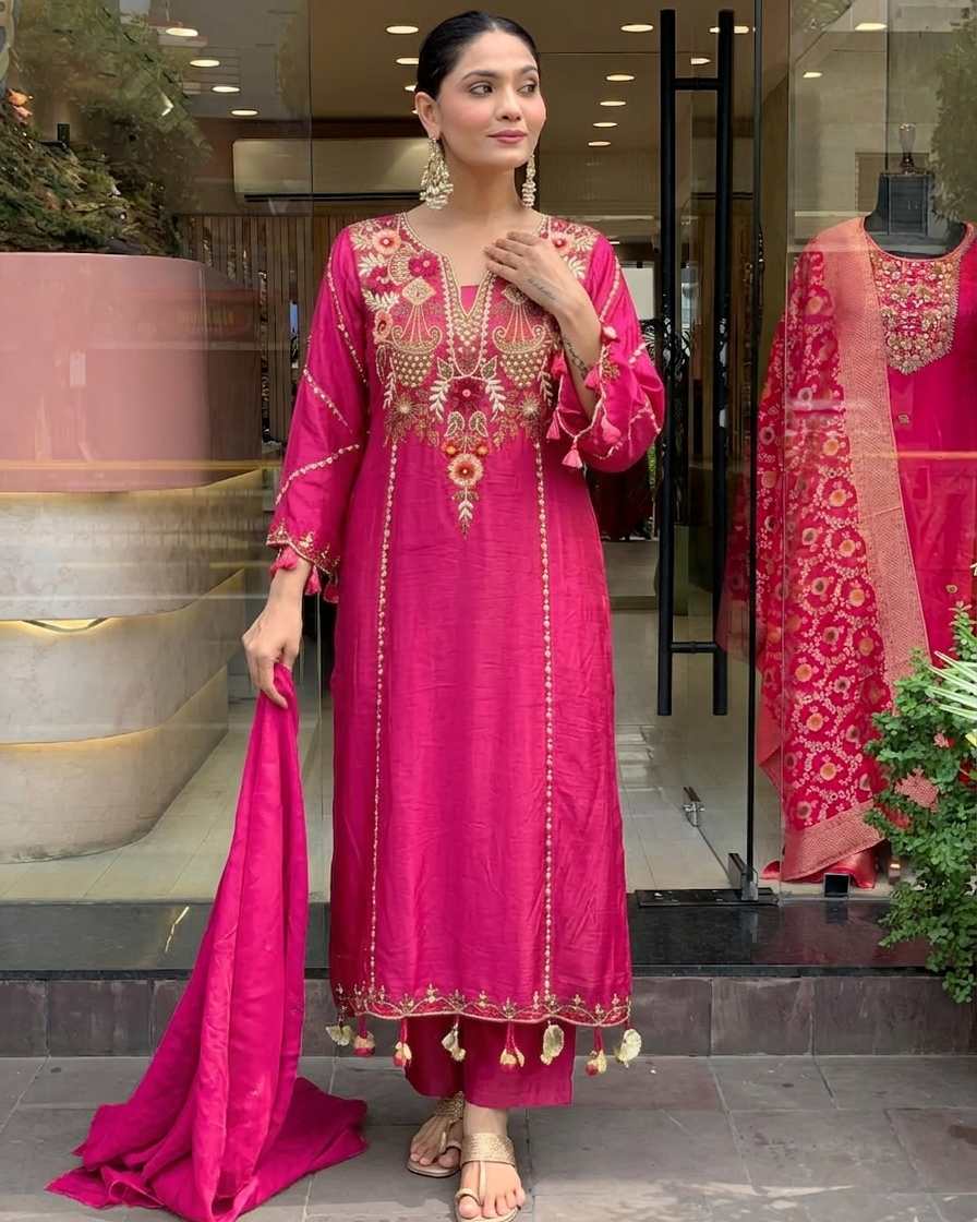 Rani Pink Chanderi Embroidered Kurta Set Dupatta for Women