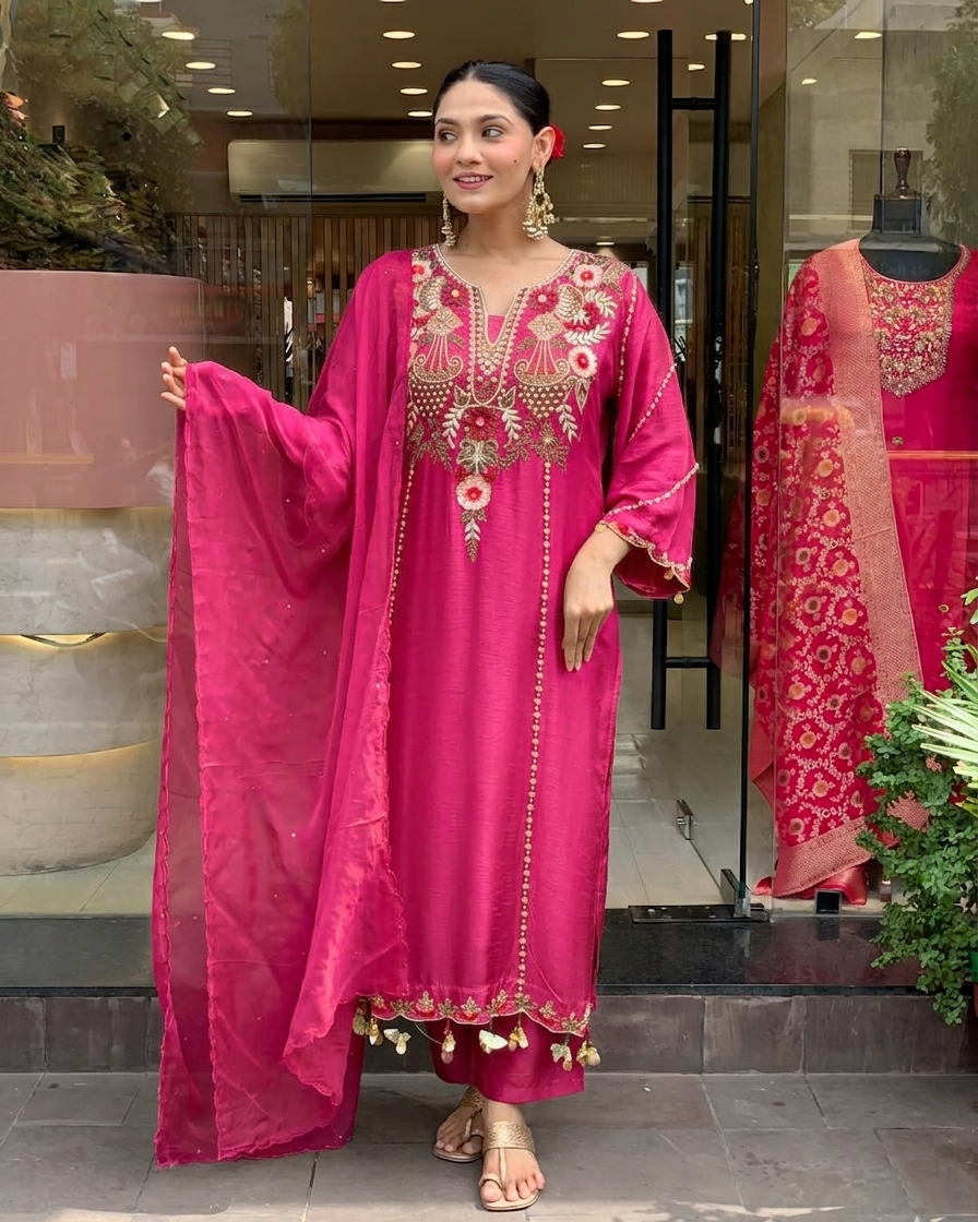 Rani Pink Chanderi Embroidered Kurta Set Dupatta for Women