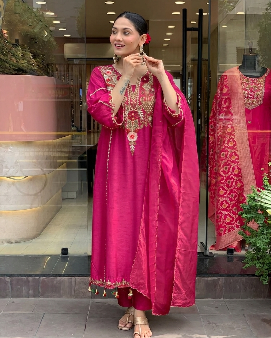 Rani Pink Chanderi Embroidered Kurta Set Dupatta for Women