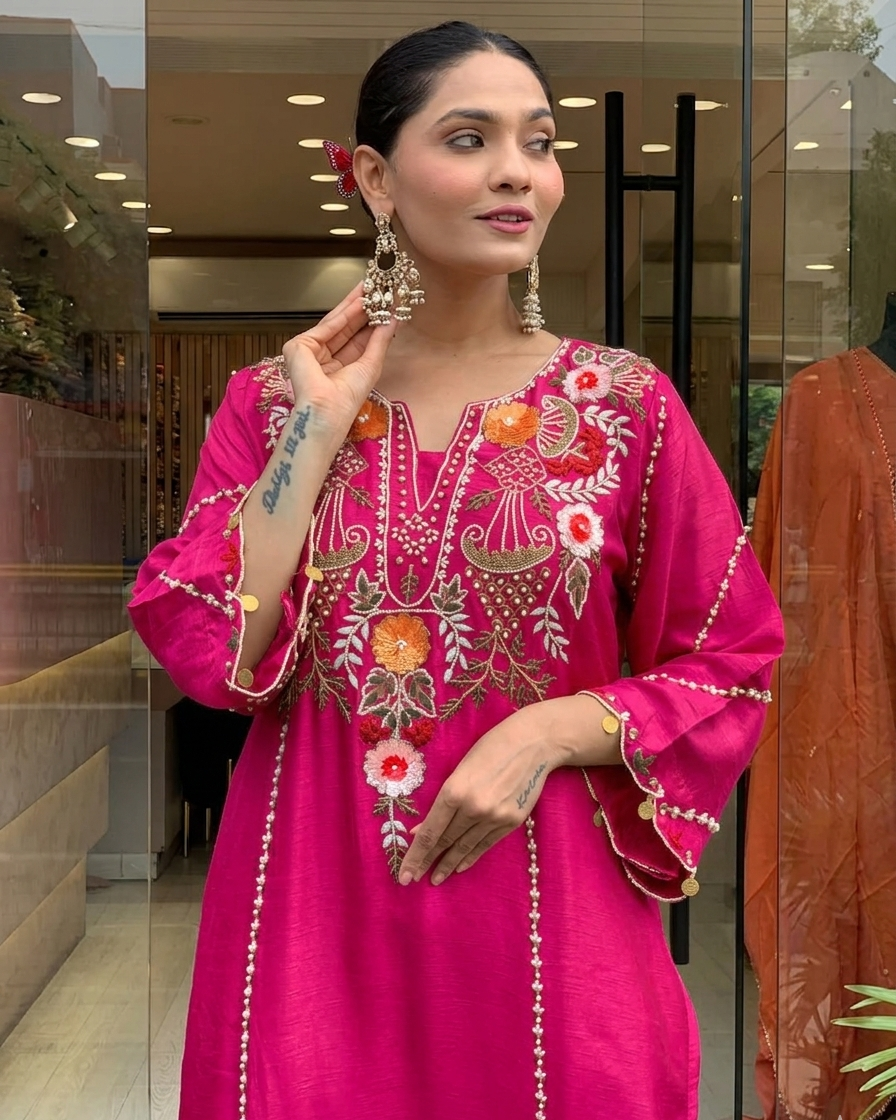Rani Pink Chanderi Embroidered Kurta Set Dupatta for Women