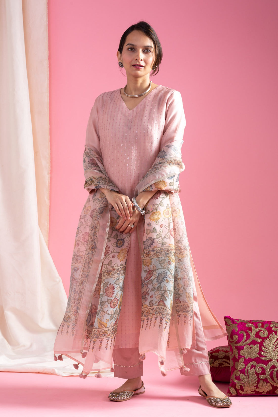 Blush Pink Chanderi Kurta Set with Organza Dupatta for Women