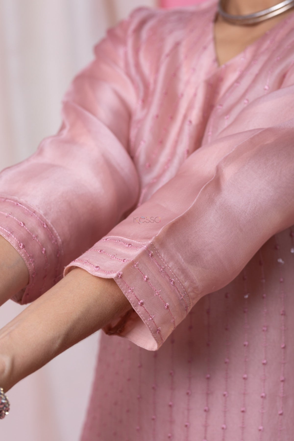 Blush Pink Chanderi Kurta Set with Organza Dupatta for Women