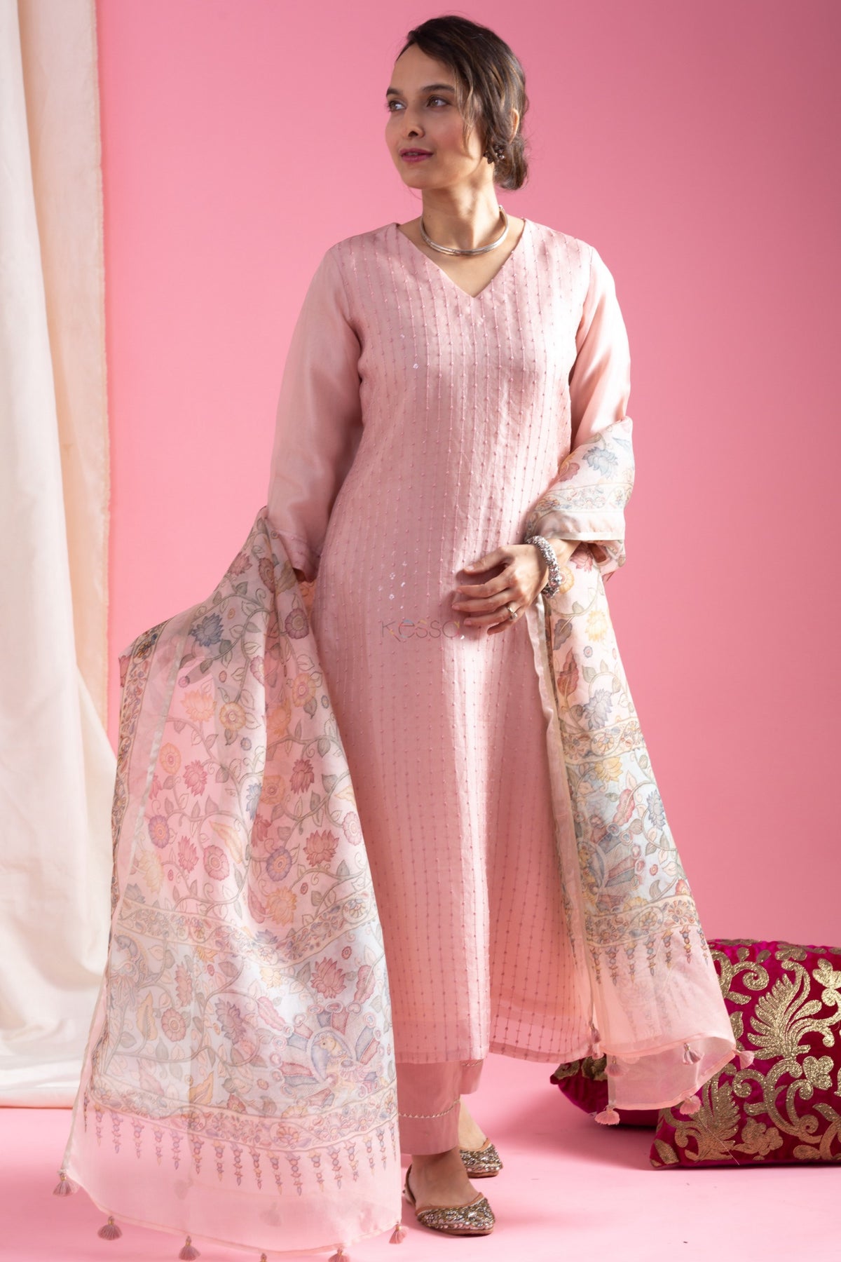 Blush Pink Chanderi Kurta Set with Organza Dupatta for Women