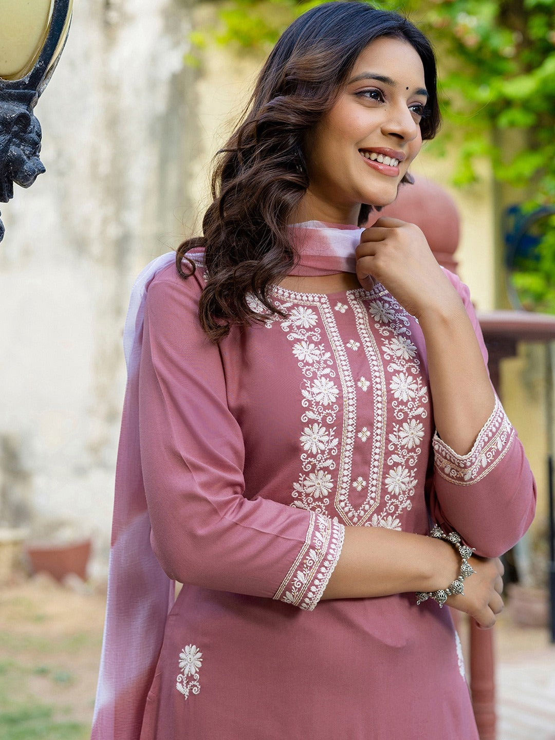 Pink Embroidered Cotton Kurti Pant Dupatta Set for Women
