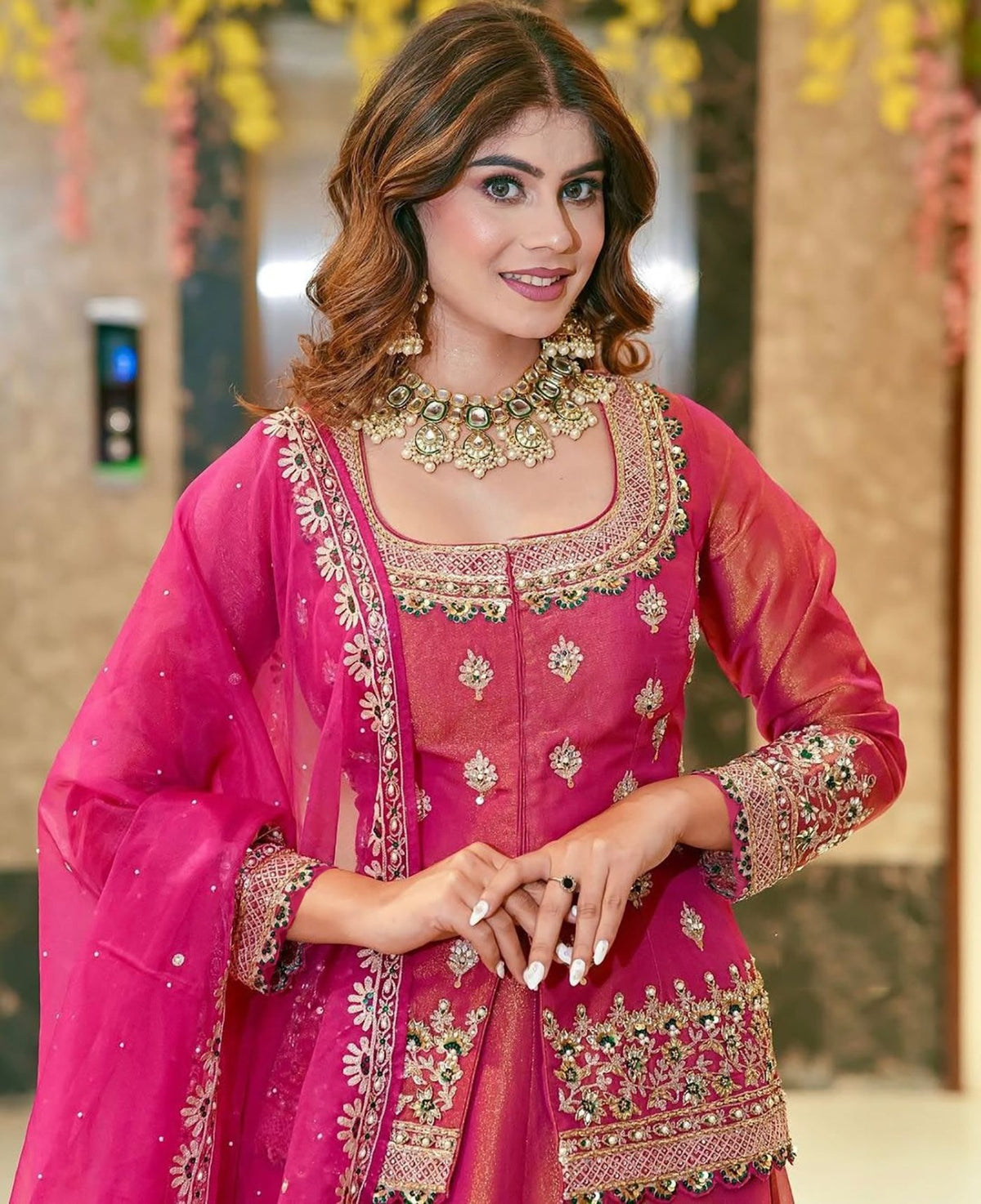 Pink Embroidered Roman Silk Lehenga Set for Women