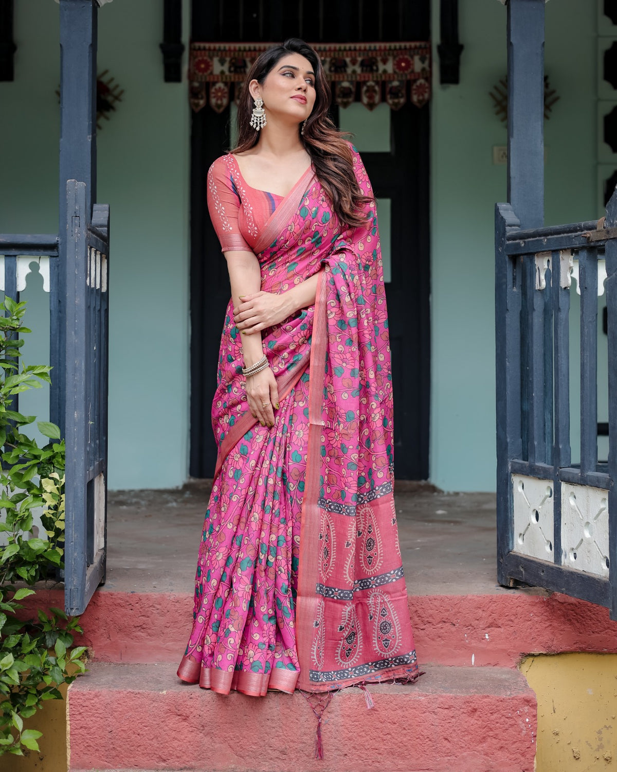 Pink Floral Printed Linen Cotton Saree for Women