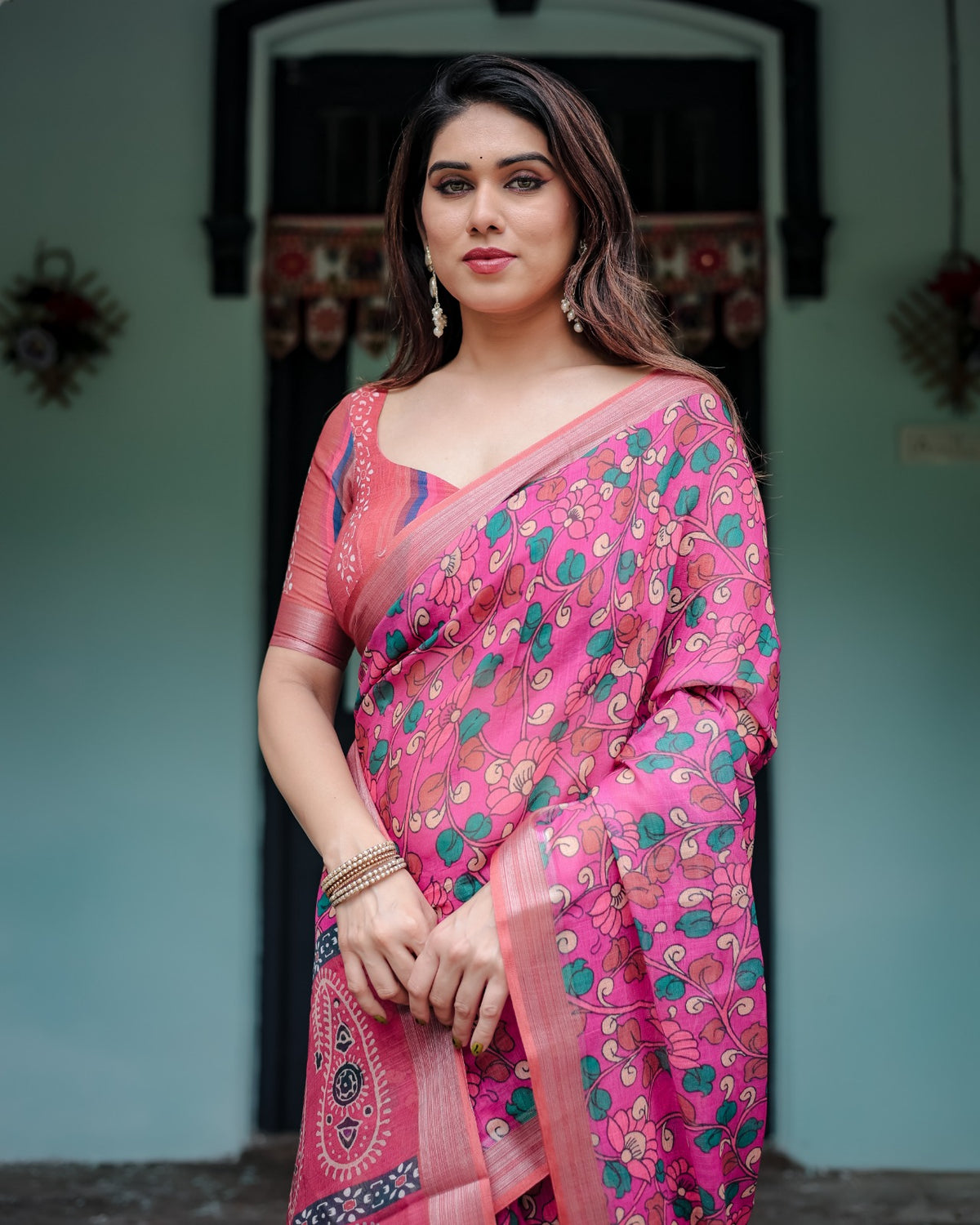Pink Floral Printed Linen Cotton Saree for Women