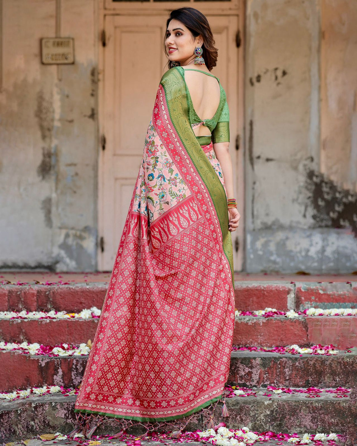 Pink Green Floral Silk Saree with Zari Border Festive for Women