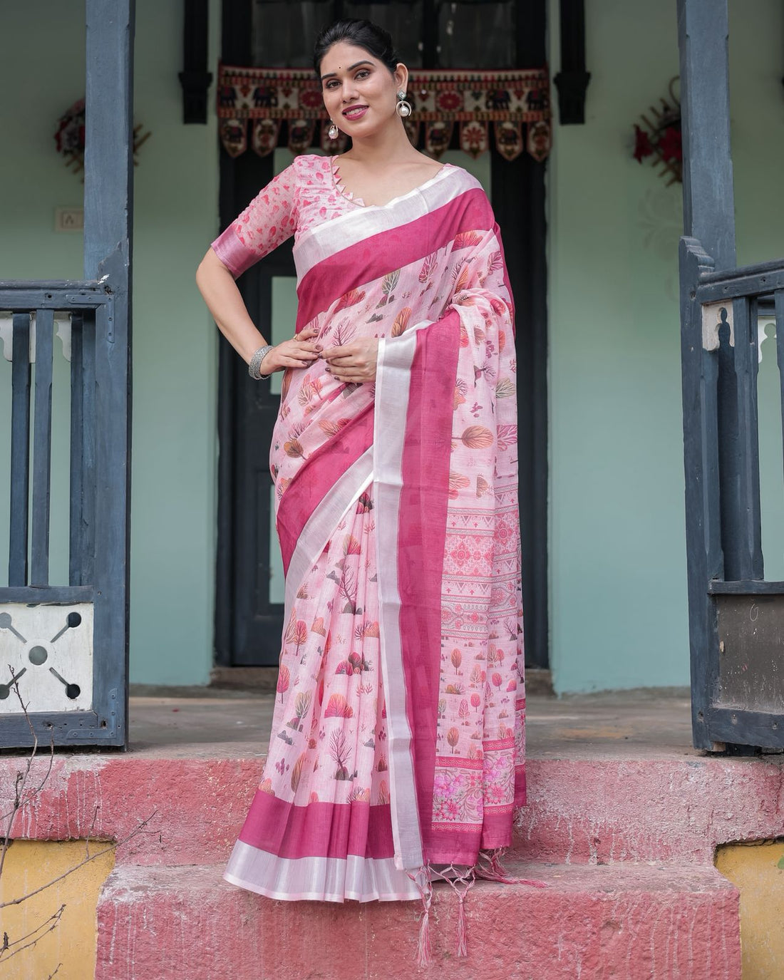 Soft Pink Floral Linen Saree with Elegant Border for Women
