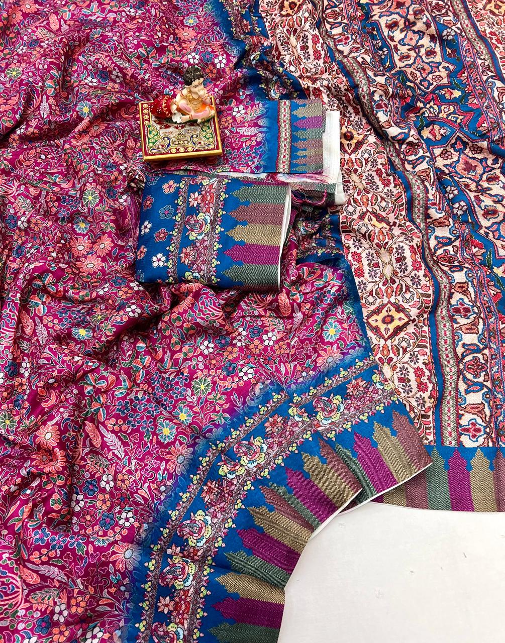 Pink Floral Pashmina Saree with Shawl & Blouse for Women