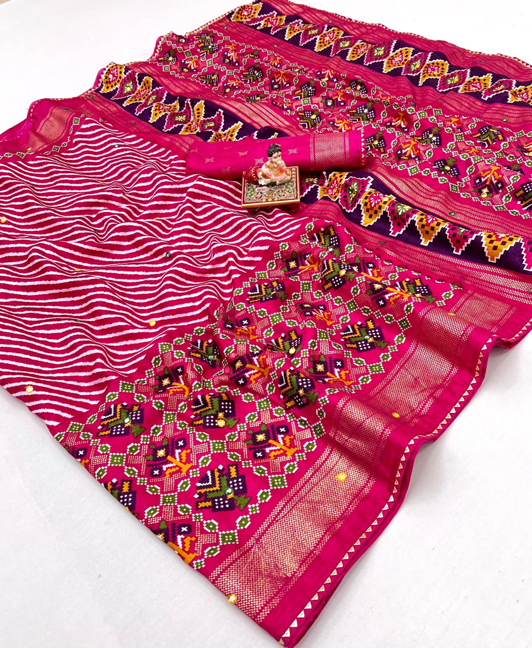 Pink Patola Print Pashmina Silk Saree With Mirror Work for Women