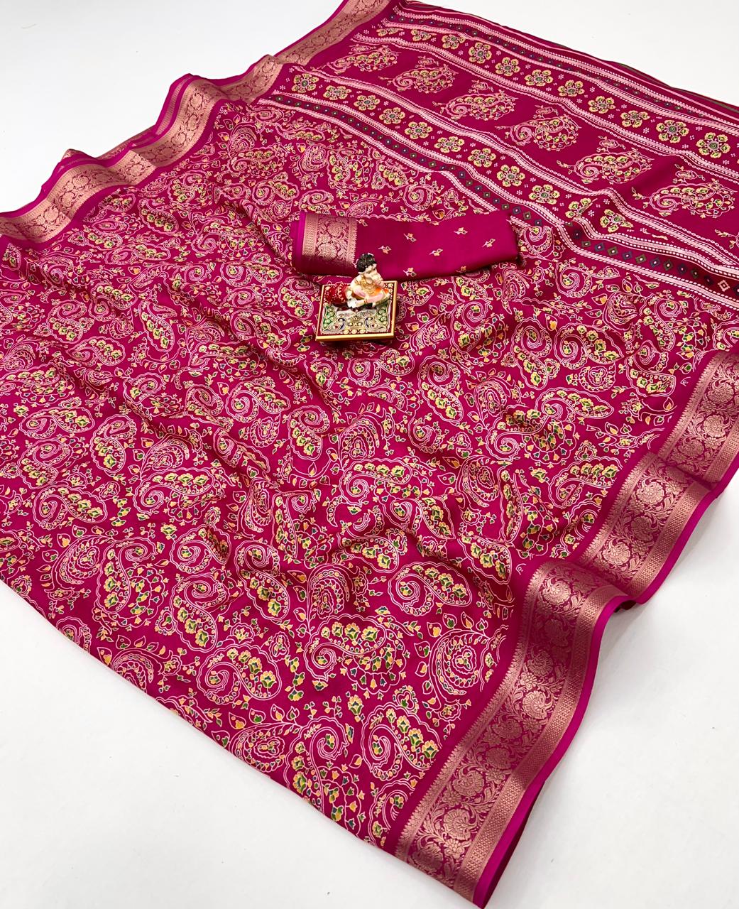 Pink Paisley Print Moss Georgette Saree With Zari Border for Women