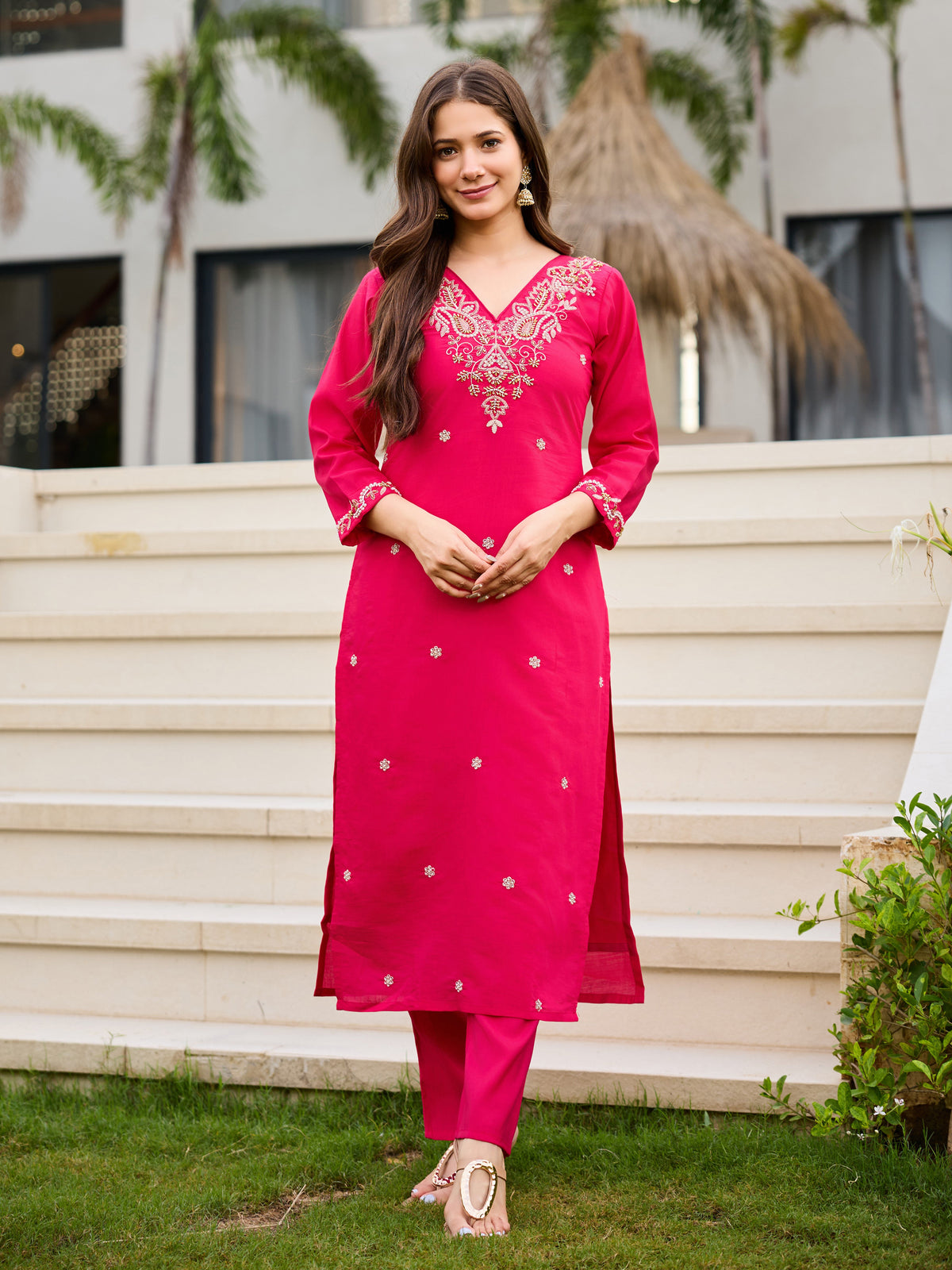 Pink Roman Silk Bloom Embroidered Suit Set for Women