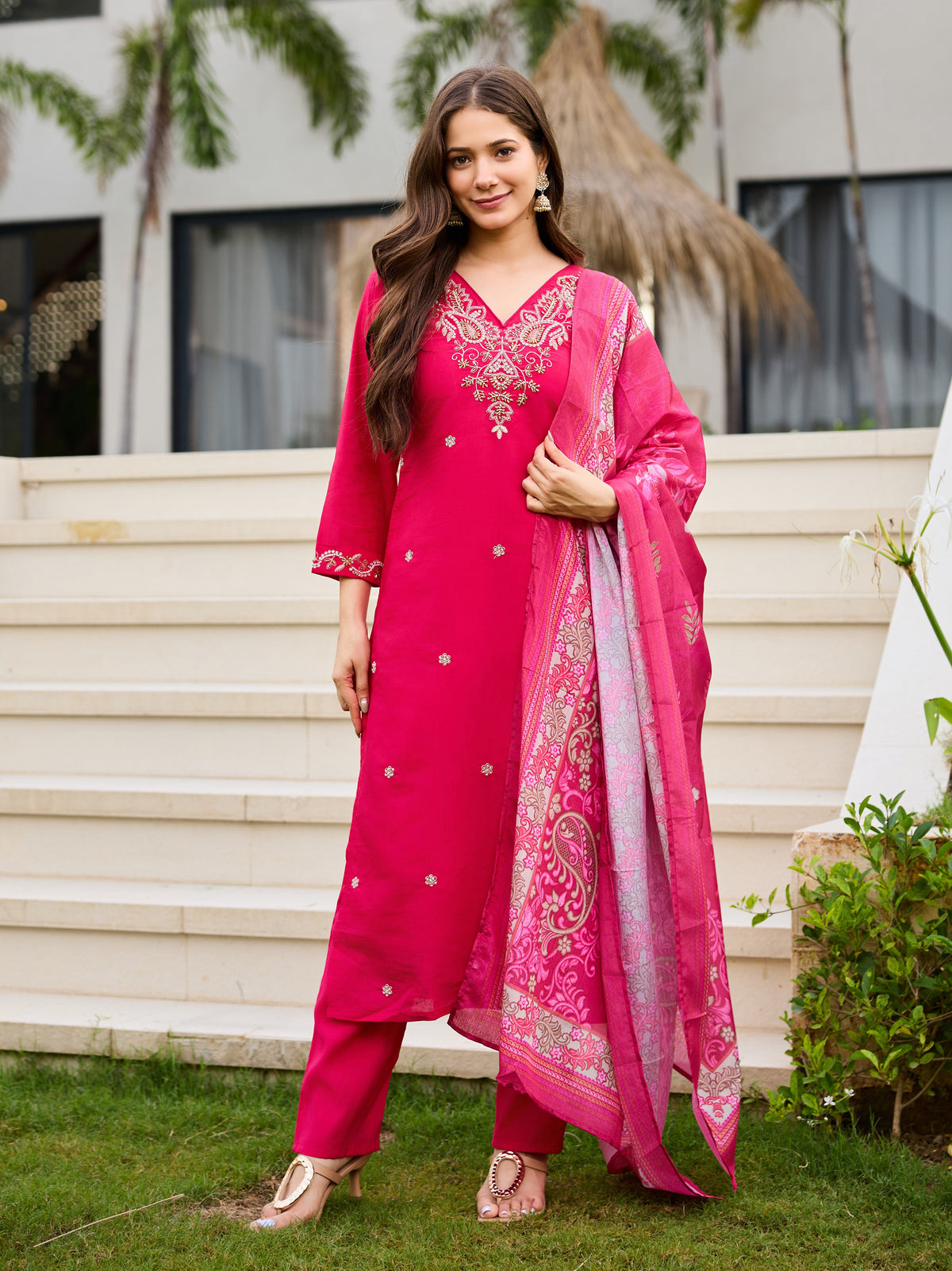 Pink Roman Silk Bloom Embroidered Suit Set for Women