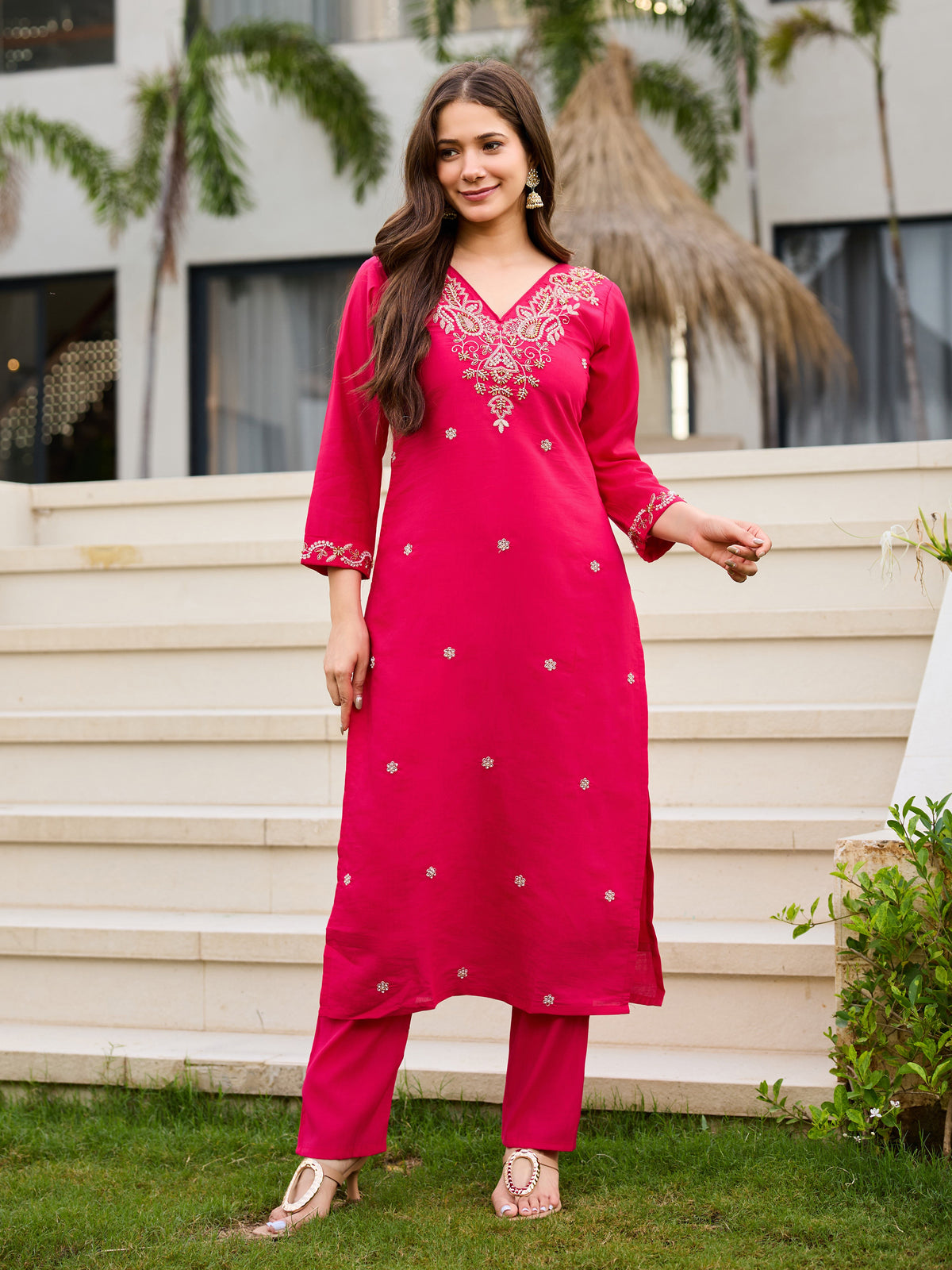 Pink Roman Silk Bloom Embroidered Suit Set for Women