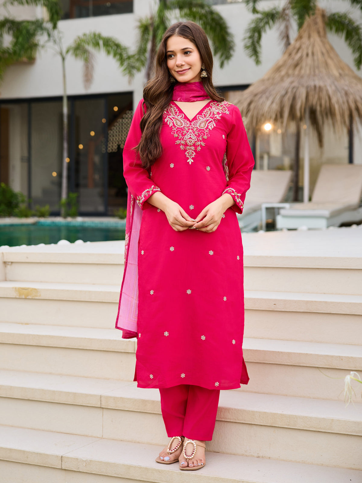 Pink Roman Silk Bloom Embroidered Suit Set for Women