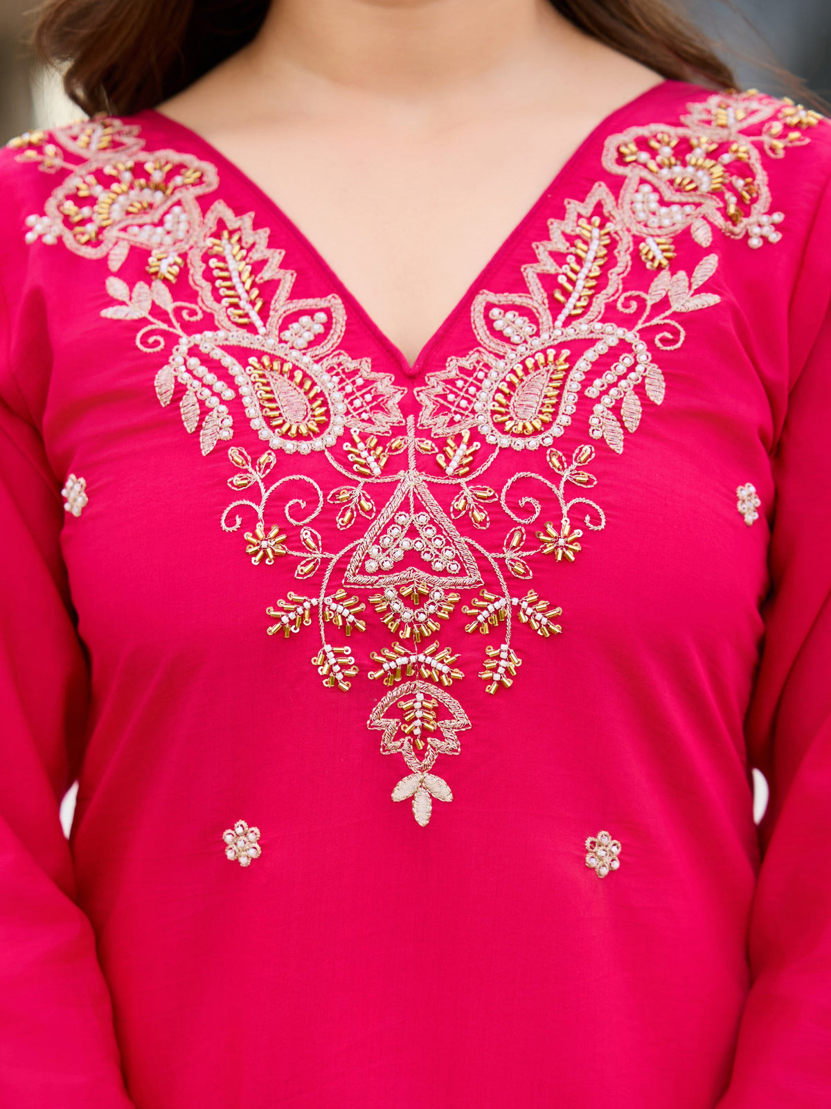 Pink Roman Silk Bloom Embroidered Suit Set for Women
